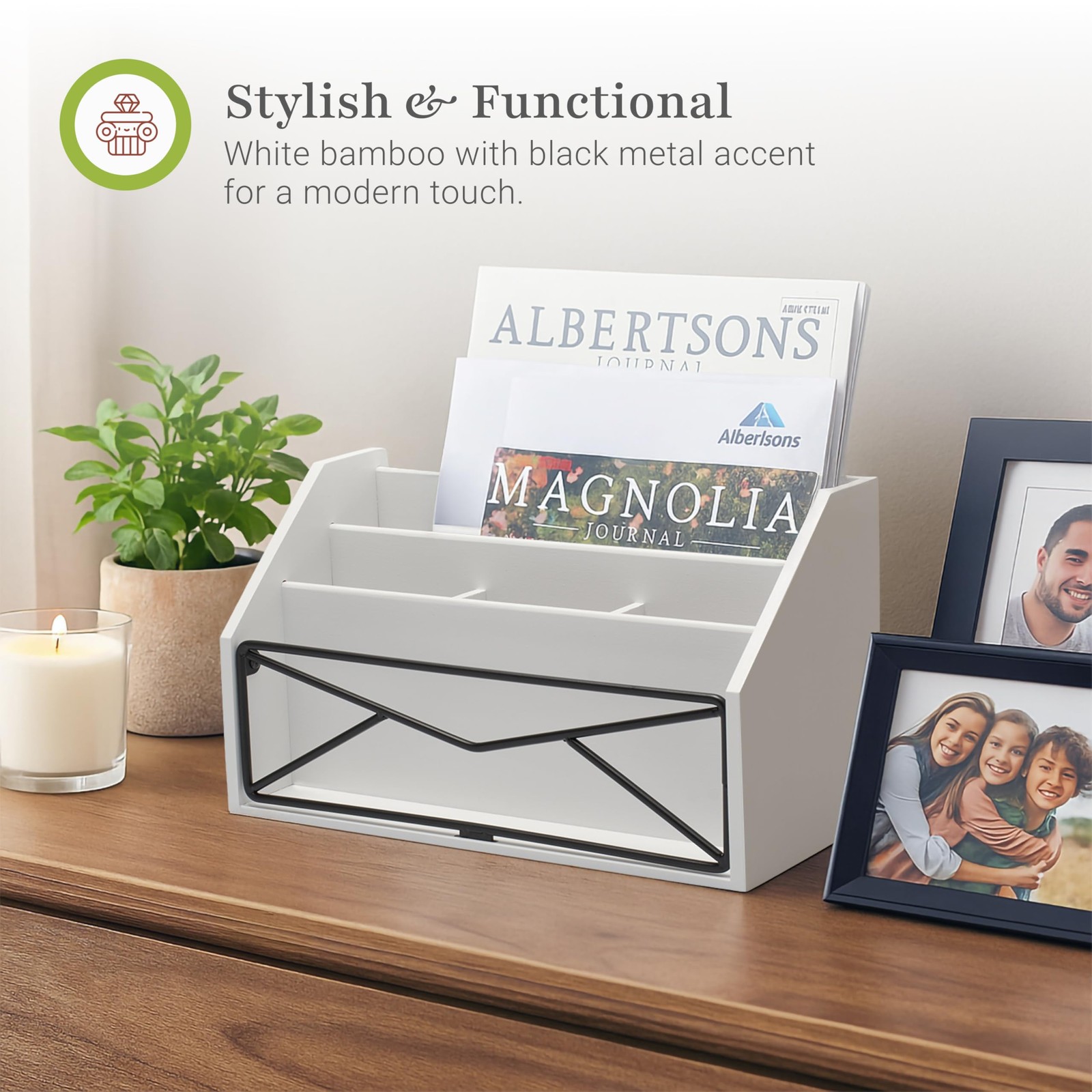 Bamboo Desk Organizer – White Powder-Coated Natural Bamboo Mail Organizer for…