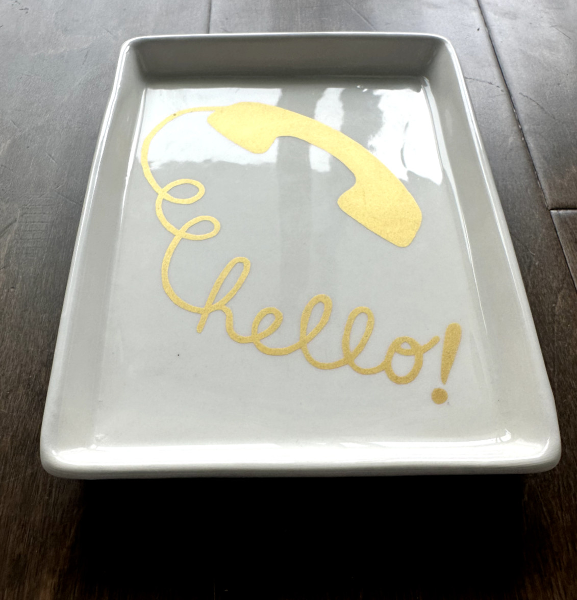 Hello Decorative Dish Gold Telephone and Cord Small Rectangle by Magenta