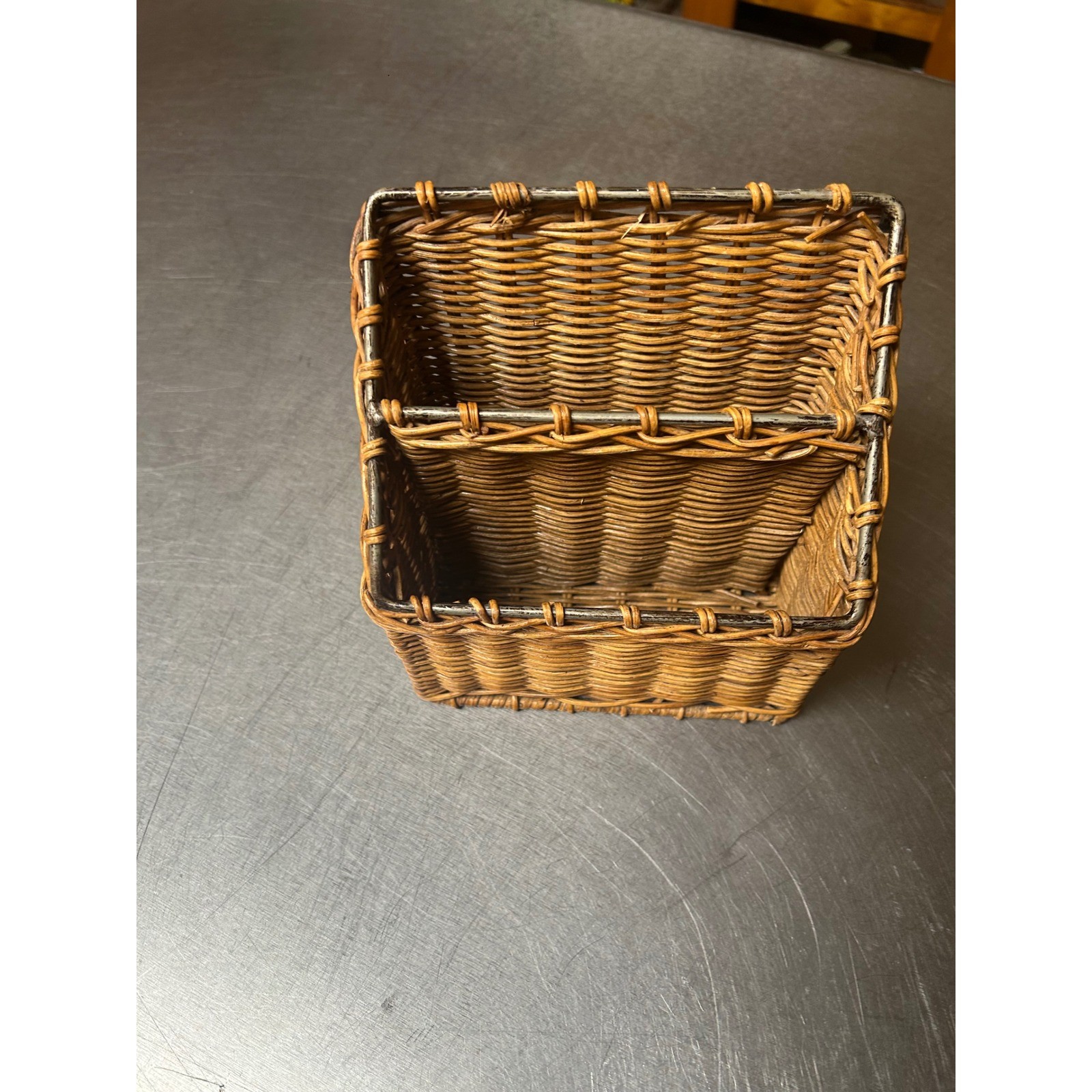 Vintage Wicker Desk Organizer Letter Holder Two Tier Metal Frame Brown Rustic