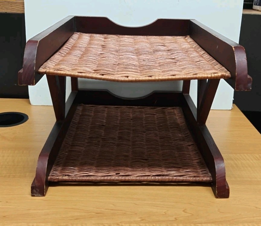 Vintage Wood Letter Tray Desk Organizer Woven Rattan 2 Tier Office Holder