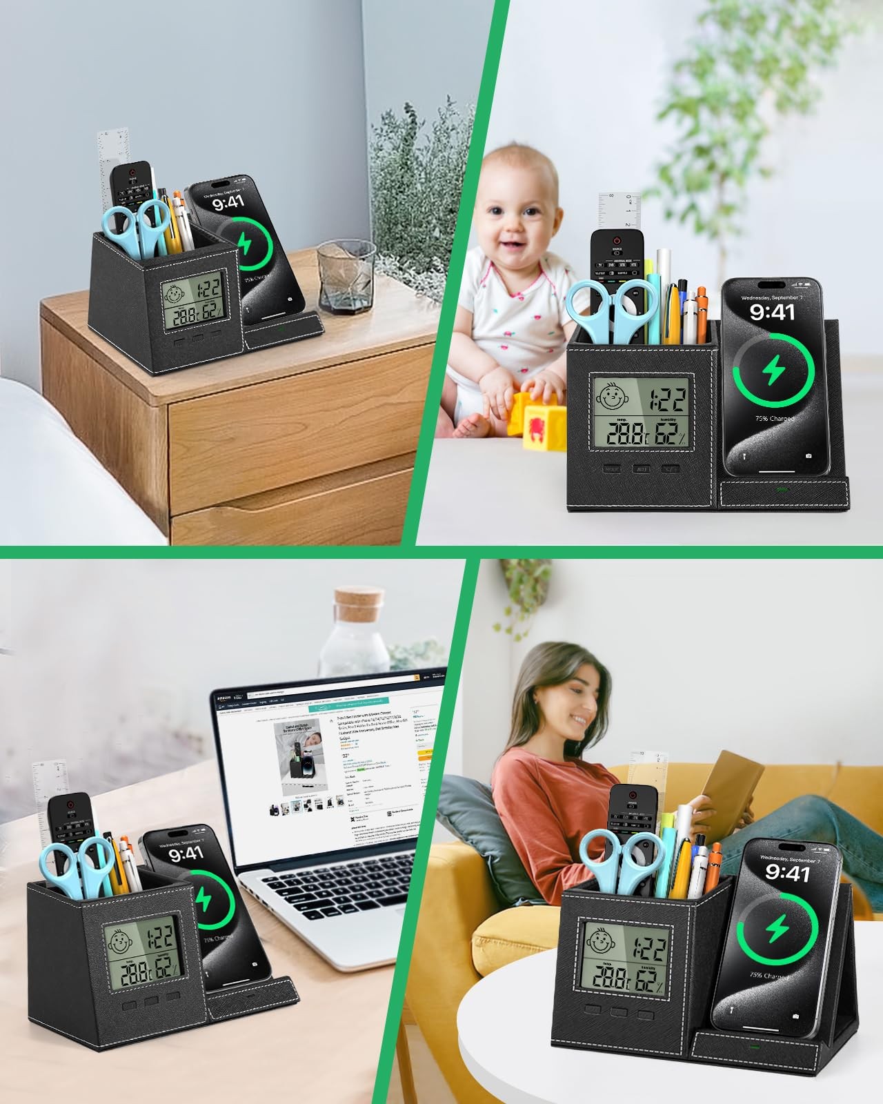Investme Pen Holder with Wireless Charger, Built in Digital Indoor Thermomete…
