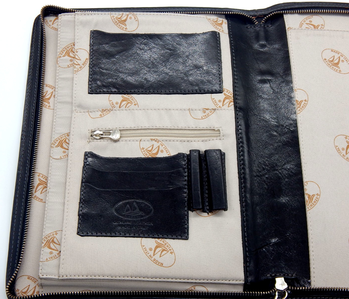Vintage Italian Black Leather Portfolio Zippered Organizer Made Florence Italy