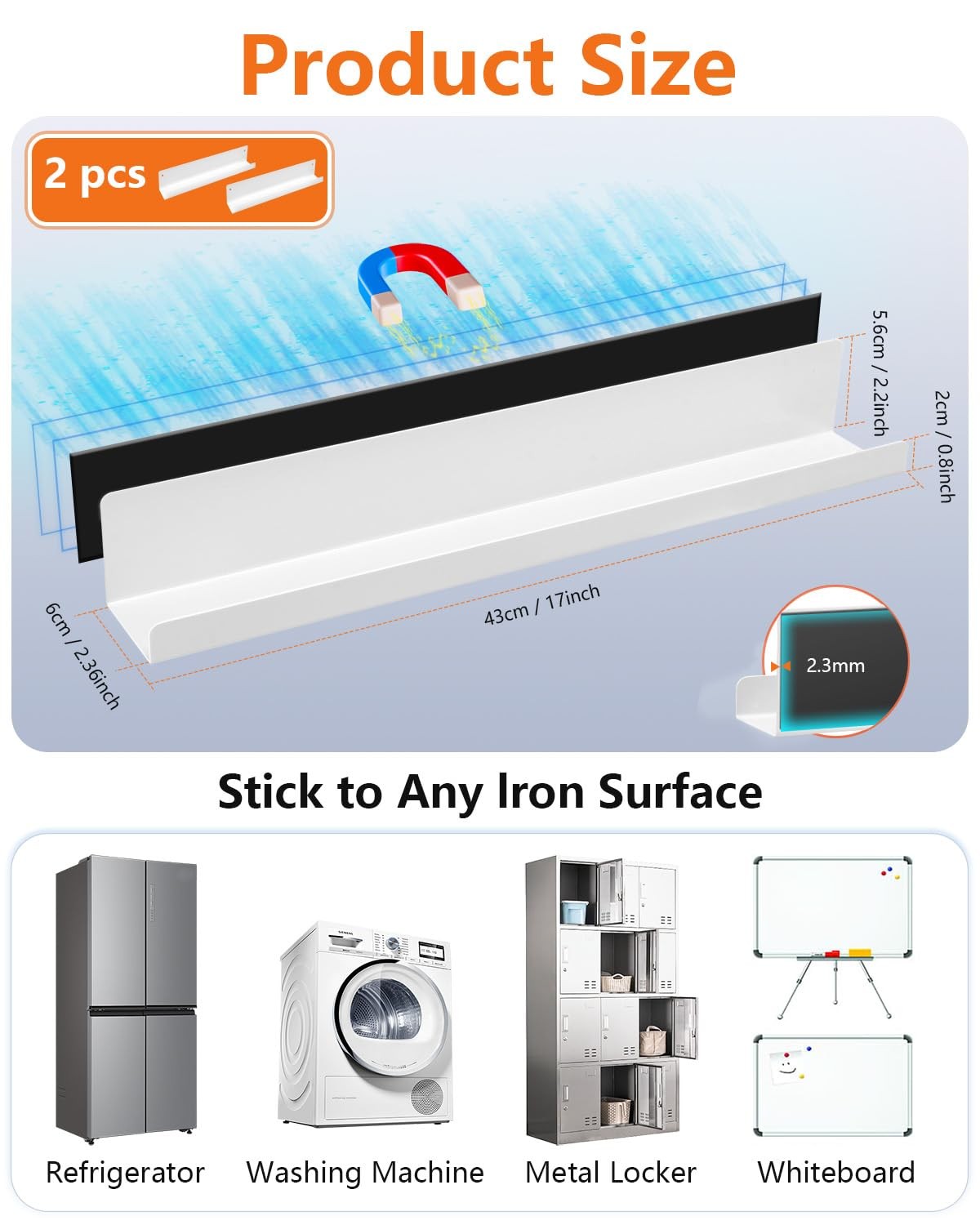 17 White Metal Magnetic Whiteboard Book Shelf 2-Pack Magnetic Storage Organizer