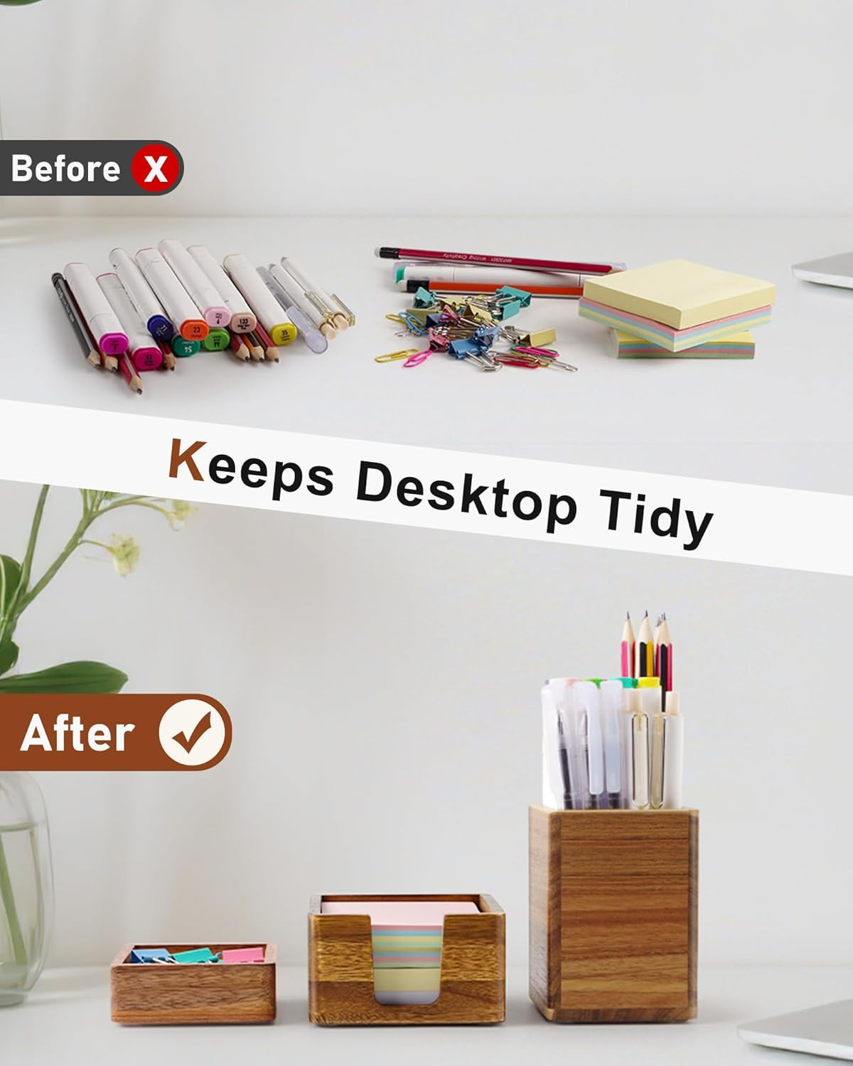 Acacia Wood Desk Organizer Set with Sticky Note Holder, Pencil Pen Cup & Paper C