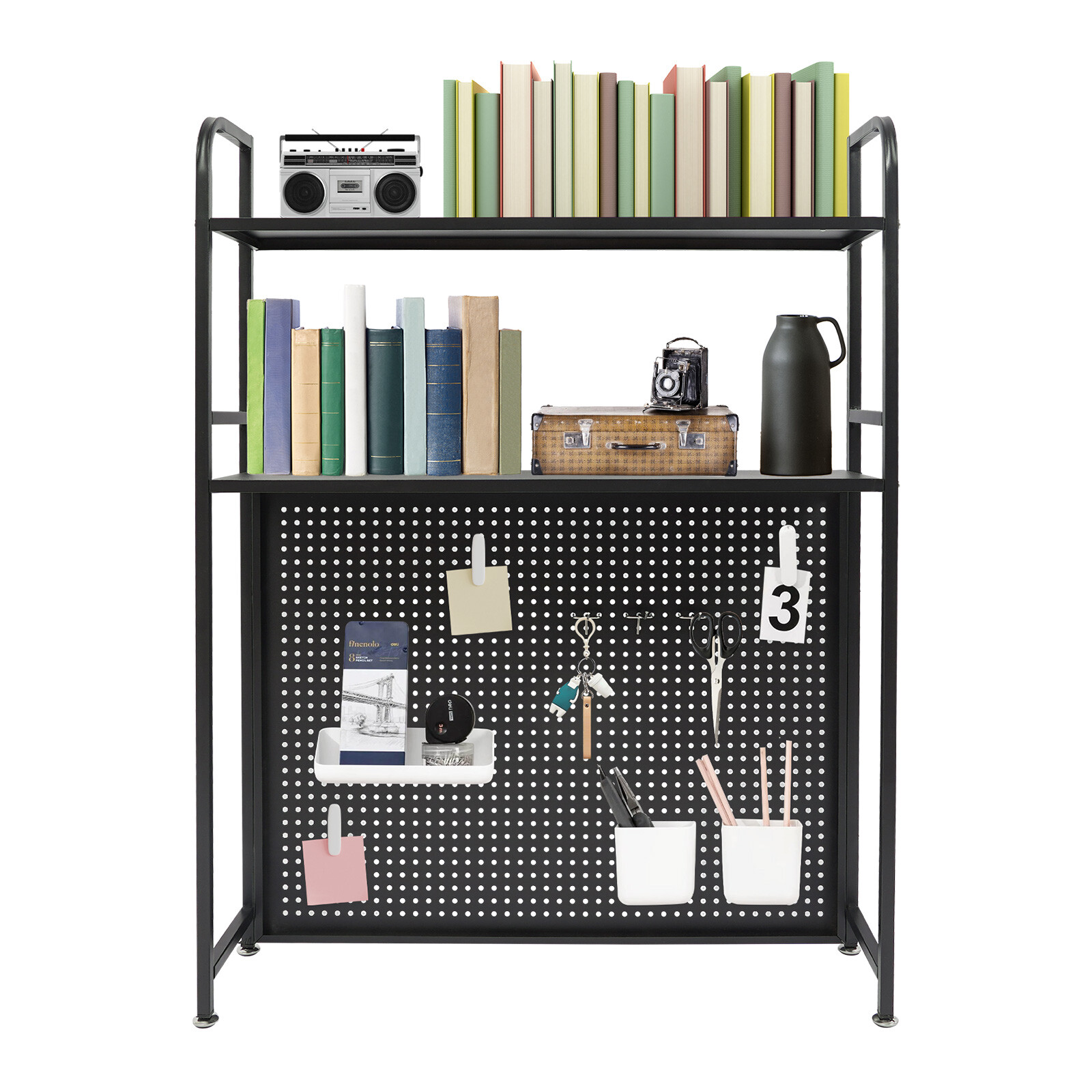 2-Tier Desktop Storage Rack with 3 Hooks, Black Carbon Steel Tabletop Shelf