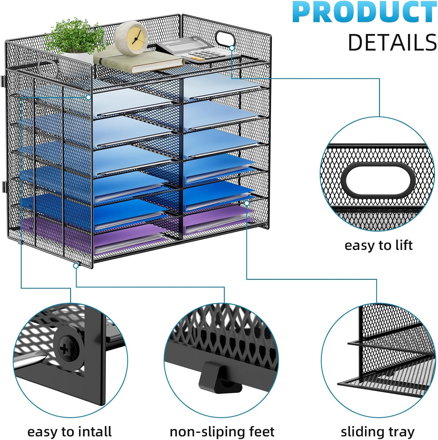 7-Tier Mesh Desk Organizer with Handle – Mail & File Sorter, Black