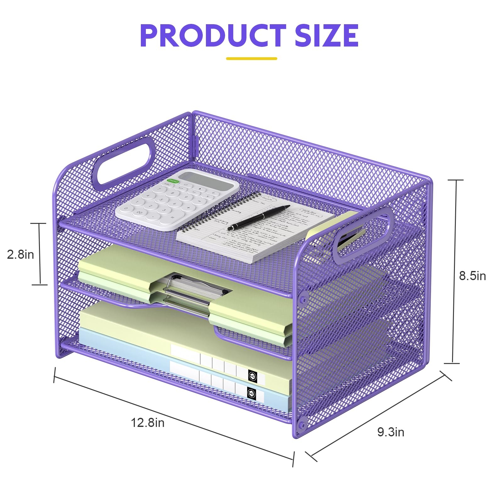 3 Tier Purple Letter Tray Paper Organizer with Handle, Mesh Desk Organizer Pa…