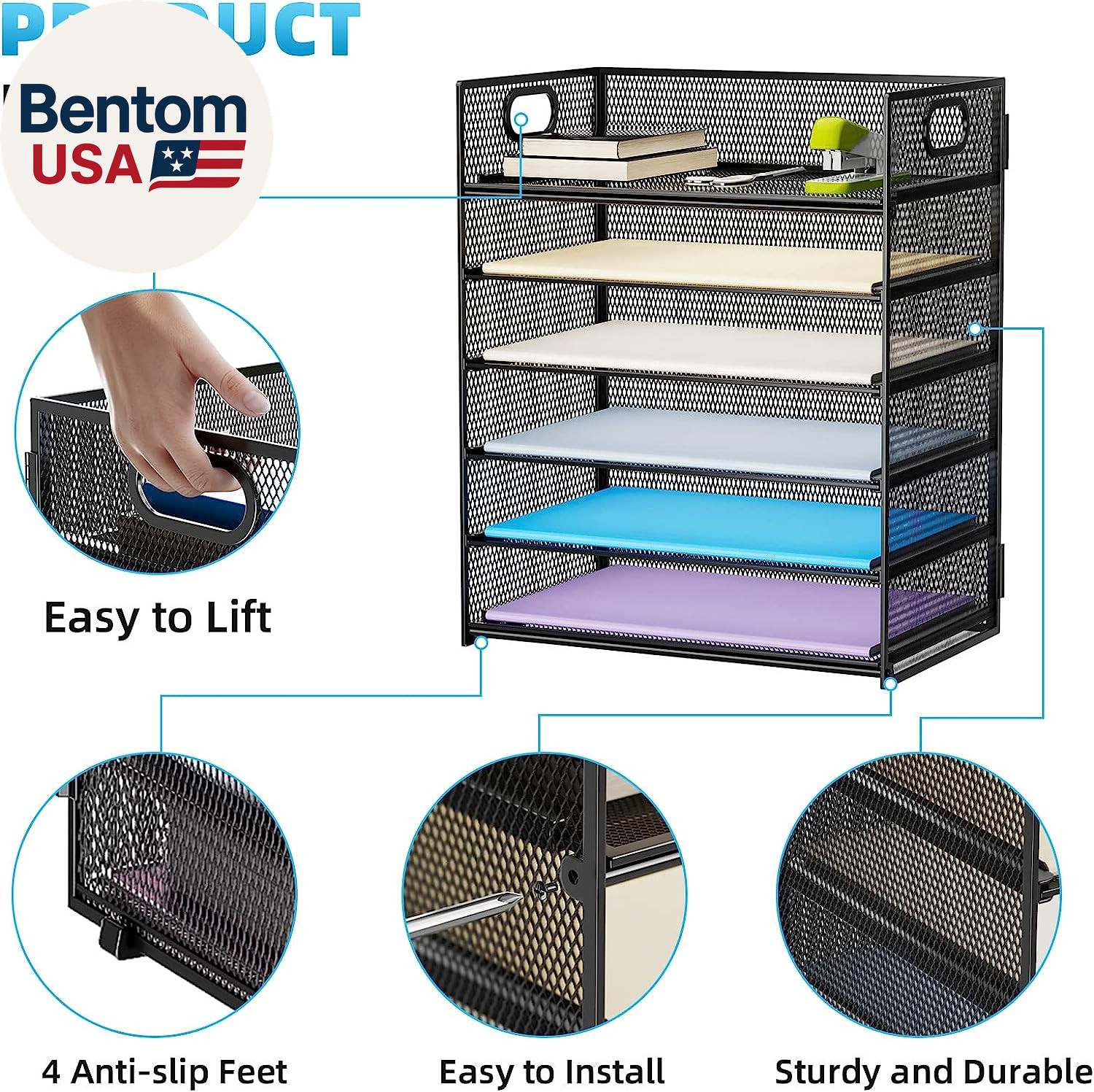 6 Tier Paper Organizer Letter Tray – Mesh Desk File Organizer with Handle, Paper