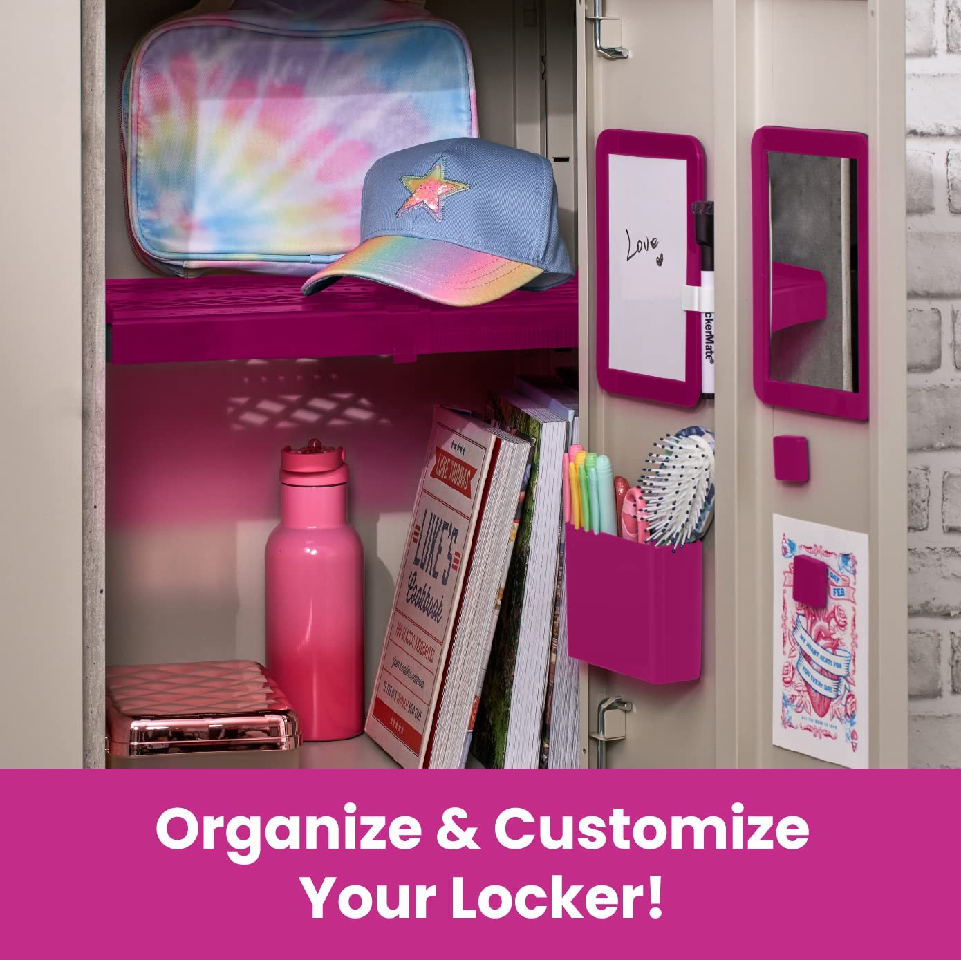 LockerMate 6-Piece Locker Organizer Kit, Includes Mirror, Small, Pink