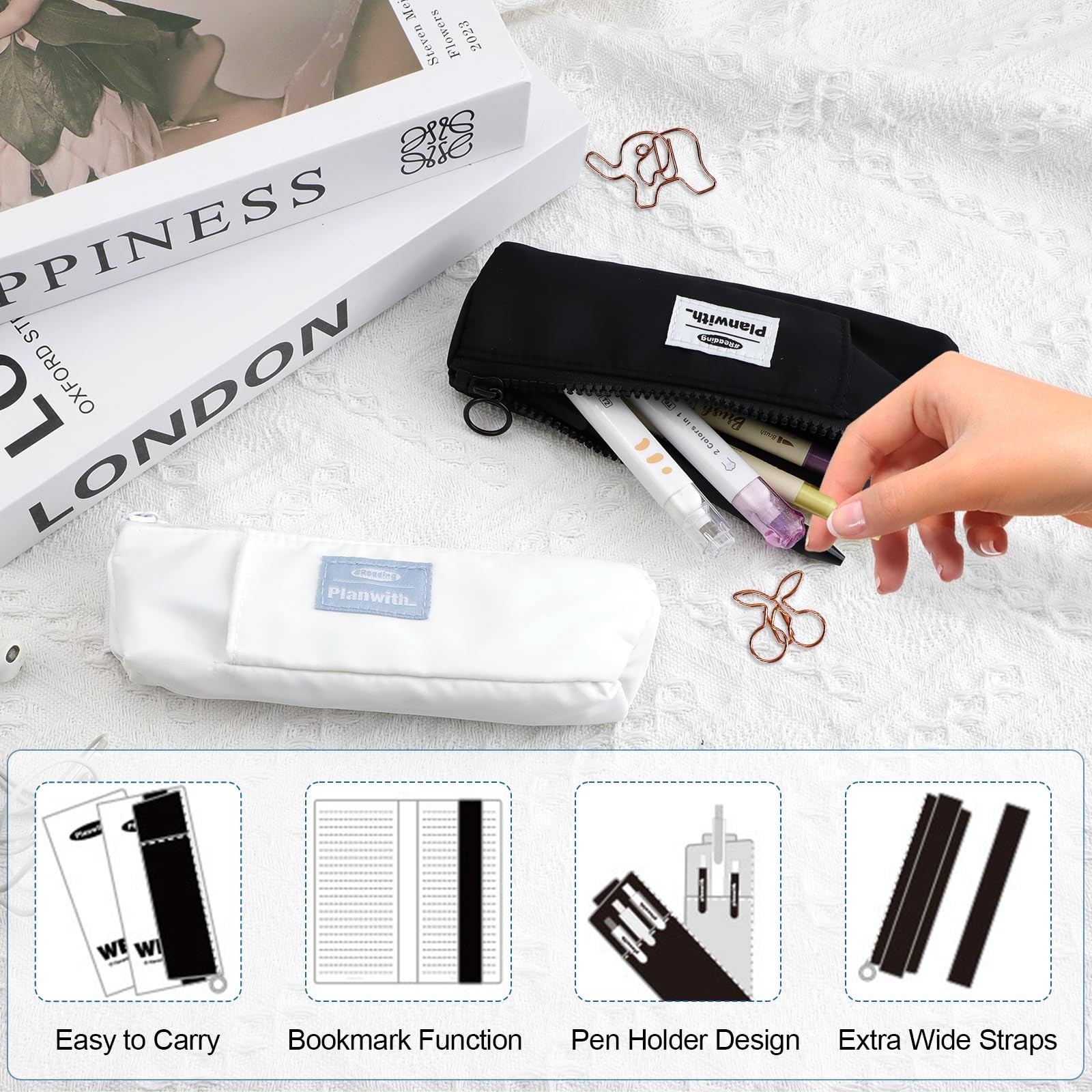 2 Pcs Pen Holder for Notebook with 4 Pcs Paper Clips, Pen Pouch with Adjustab…