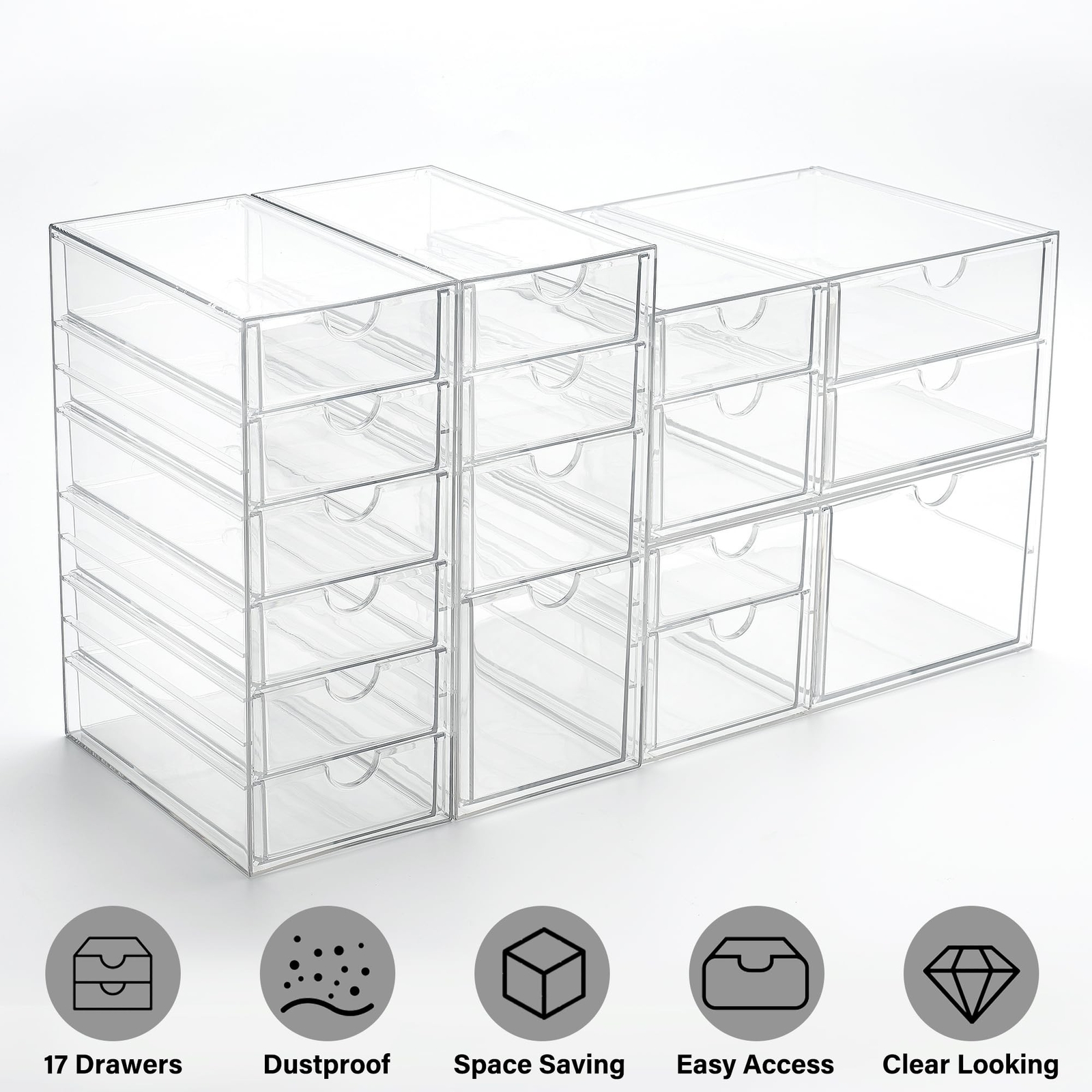 Prsildan Acrylic Drawer Organizer with 17 Drawers, Craft Office Desk Makeup O…