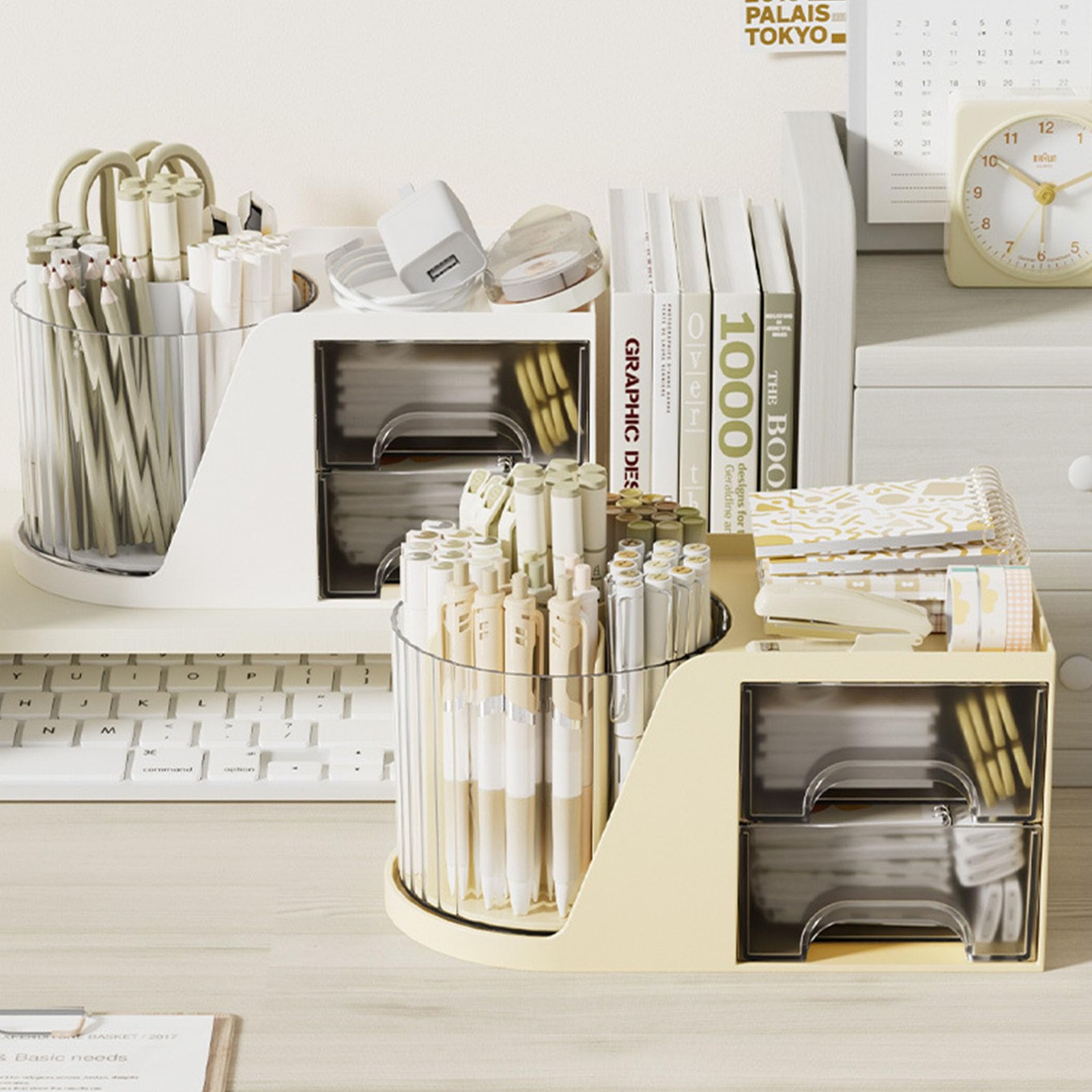 Aitoubil Desk Organizer with 2 Drawer,360 Degree Rotating Pen Holder Cream