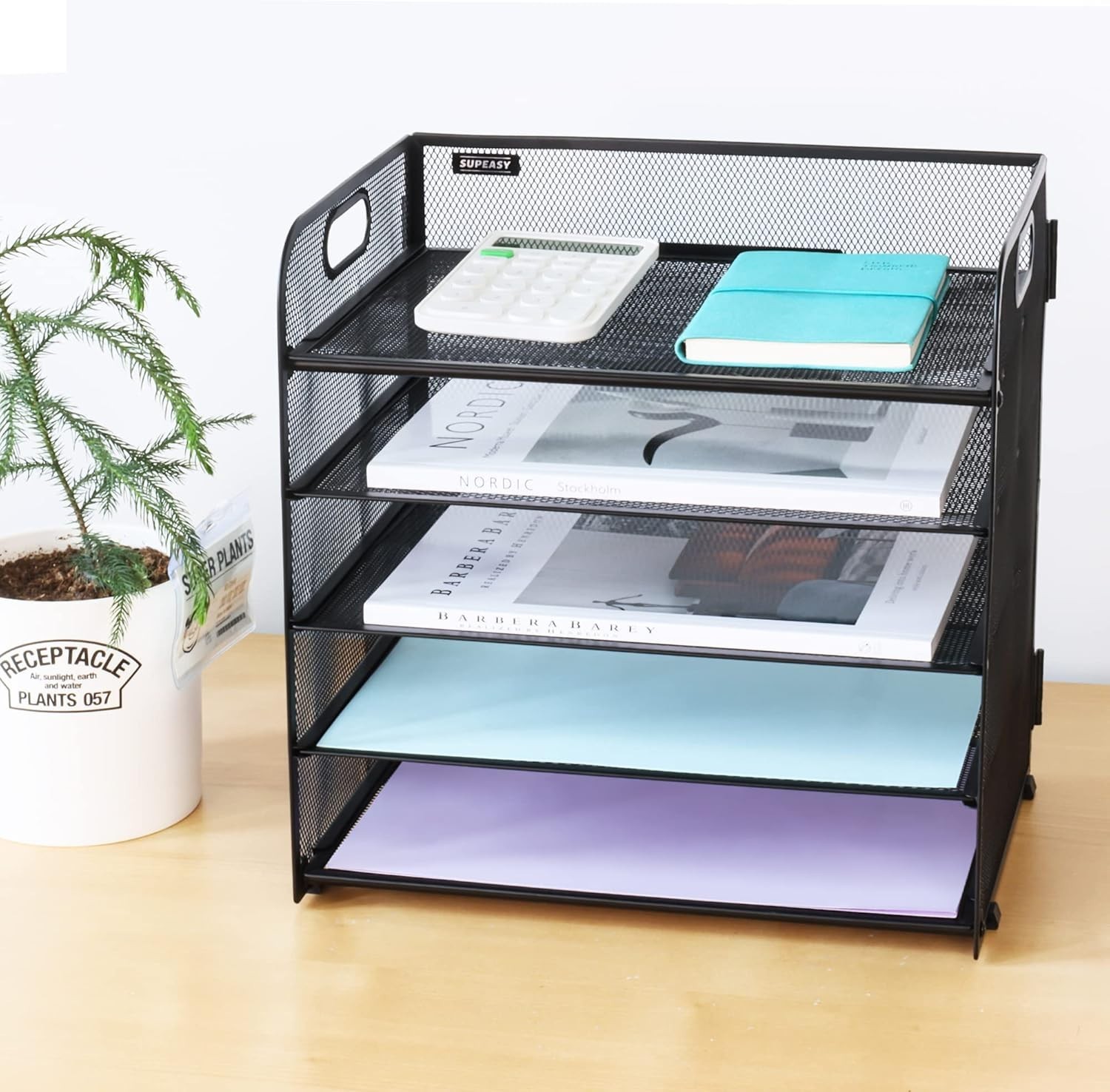 5 Tray Paper Organizer Letter Tray with Handle-Mesh Desk File Holders Organizer
