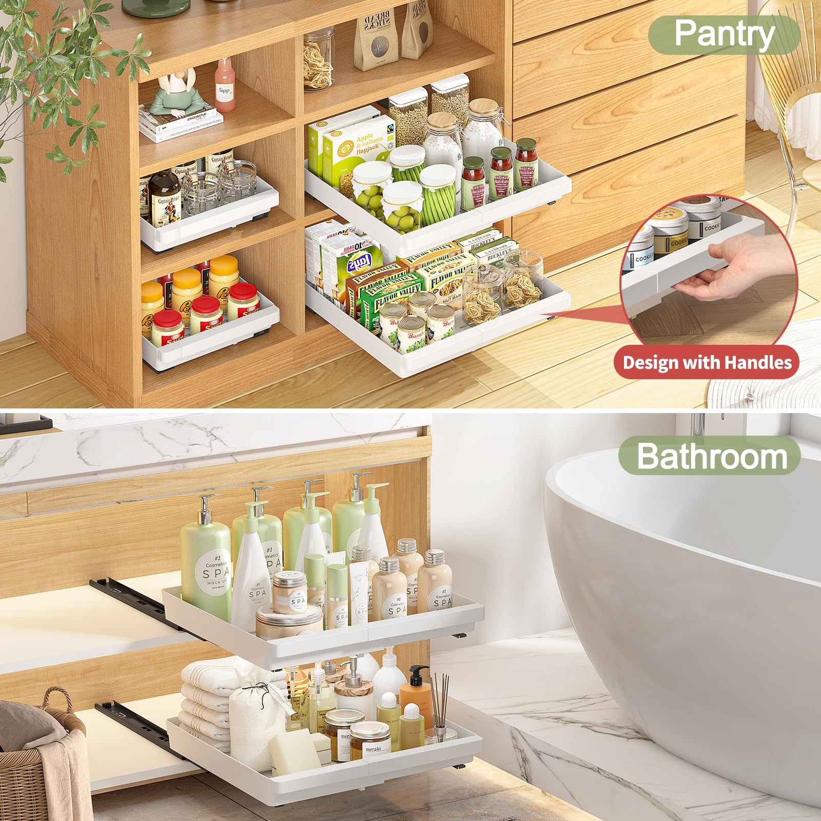 DOMNIU 2 Pack Pull Out Cabinet 16.9″D x 11.6″~17.5″W(2Pack/Plastic), White