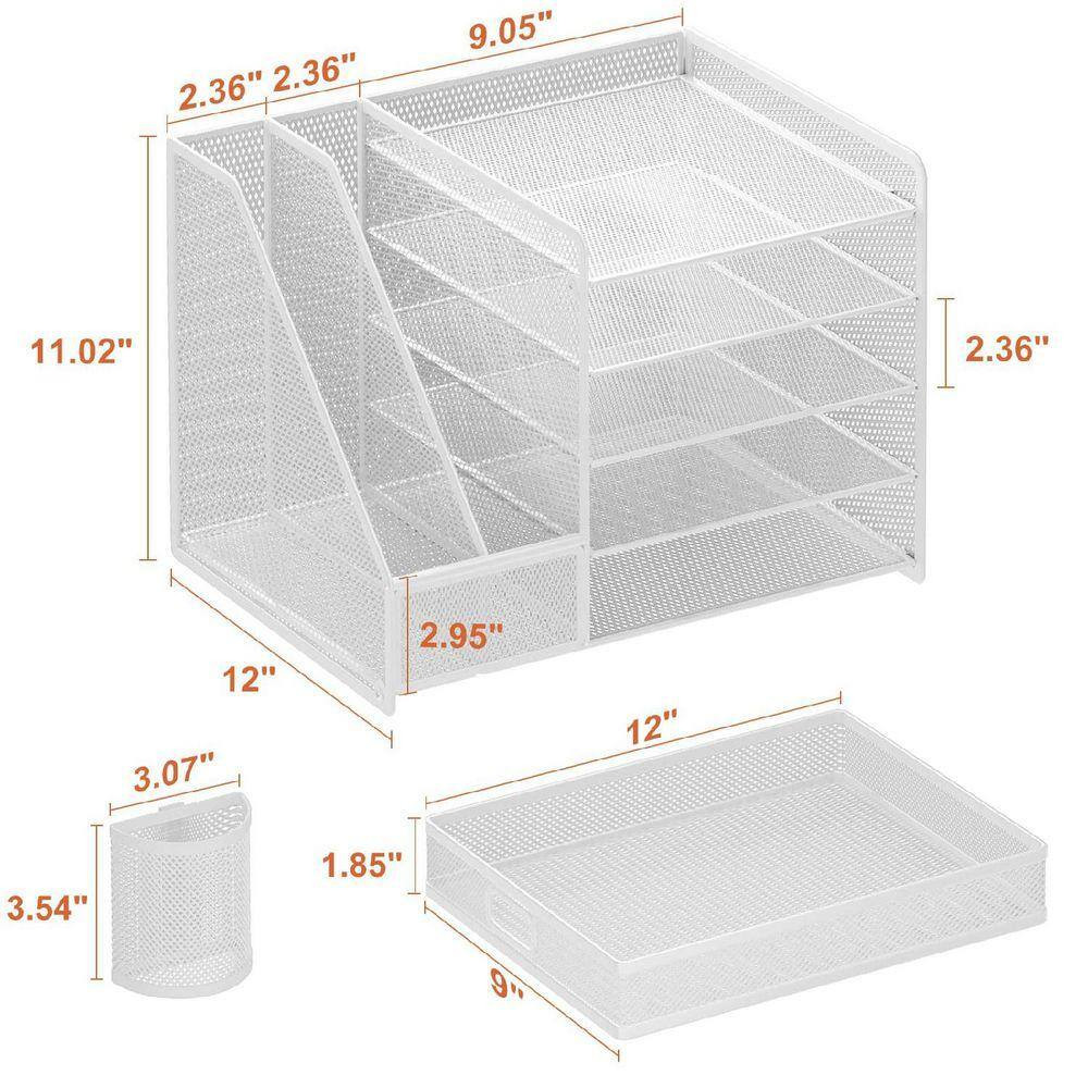 13.77 in X 11.02 in White Metal Desk Organizer with File Holder, 5-Tier Tray Org