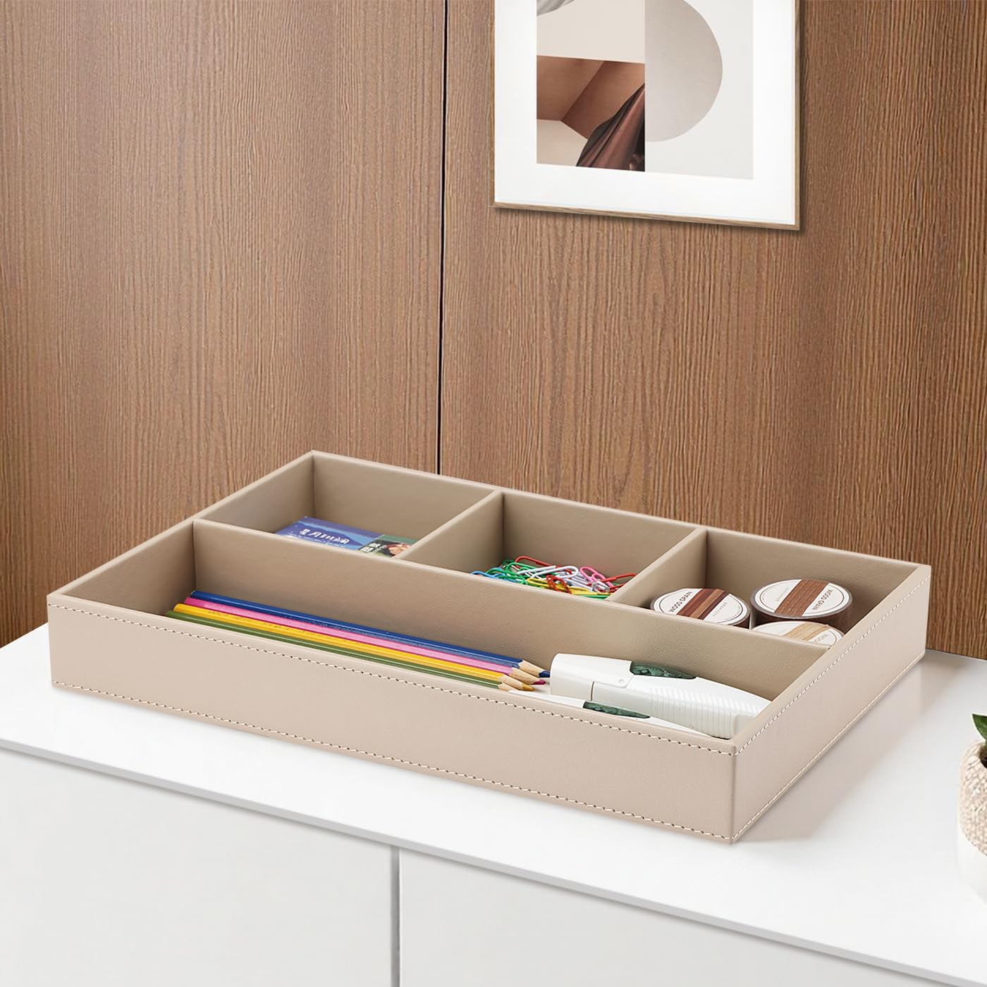 4-Slot Leather Drawer Tray Desk Stationery Sundries Organizer Storage Box Pen…