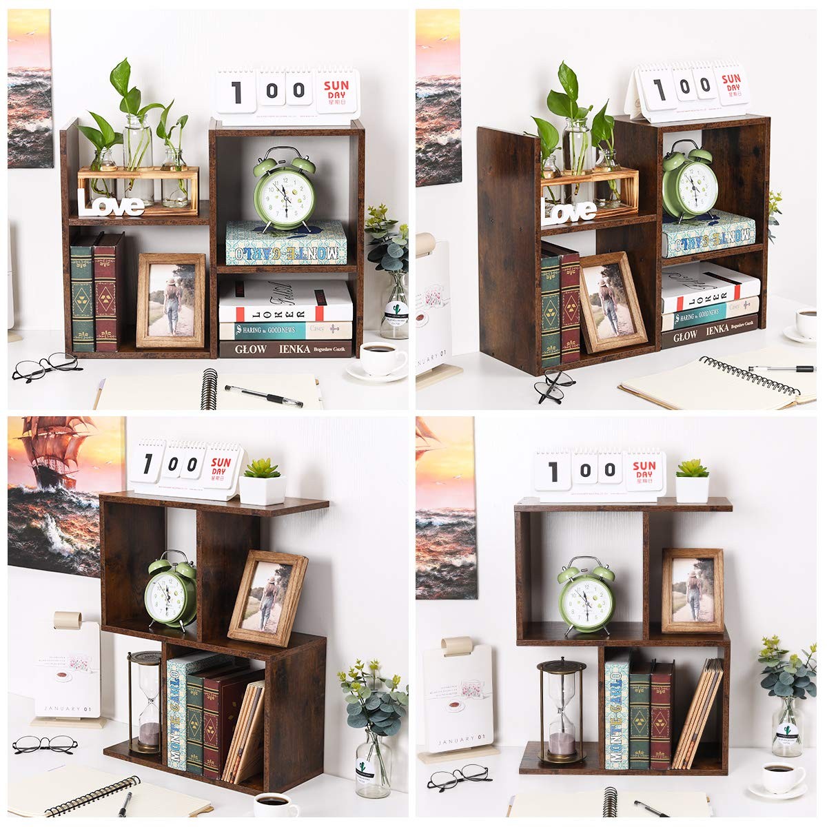 PAG Desktop Shelf Freestanding Wooden Small Bookshelf Style 4, Antique Brown