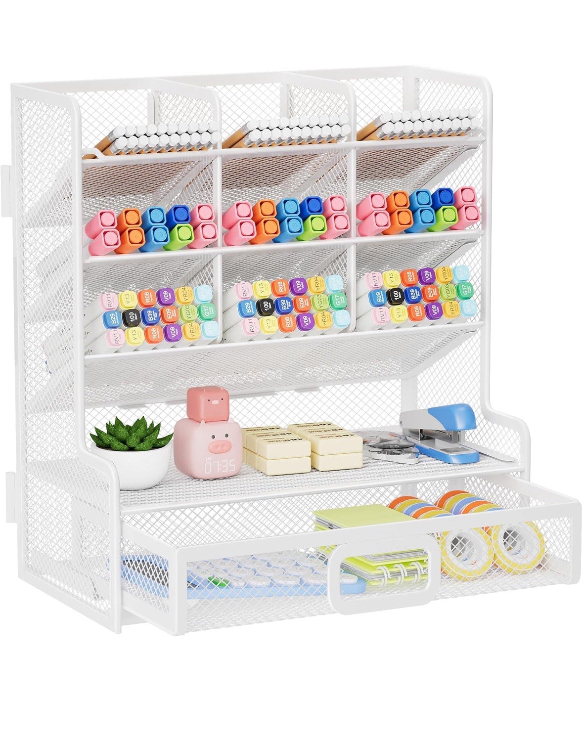 Marbrasse Larger Mesh Desk Organizer with Drawer, Multi-Functional Pen Pencil