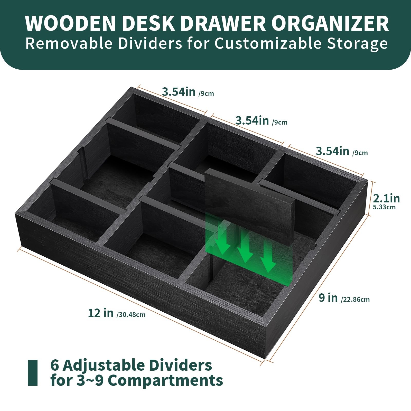 Wooden Desk Drawer Organizer 9Slot Natural Wood Tray Box Decor 12×9 Inch