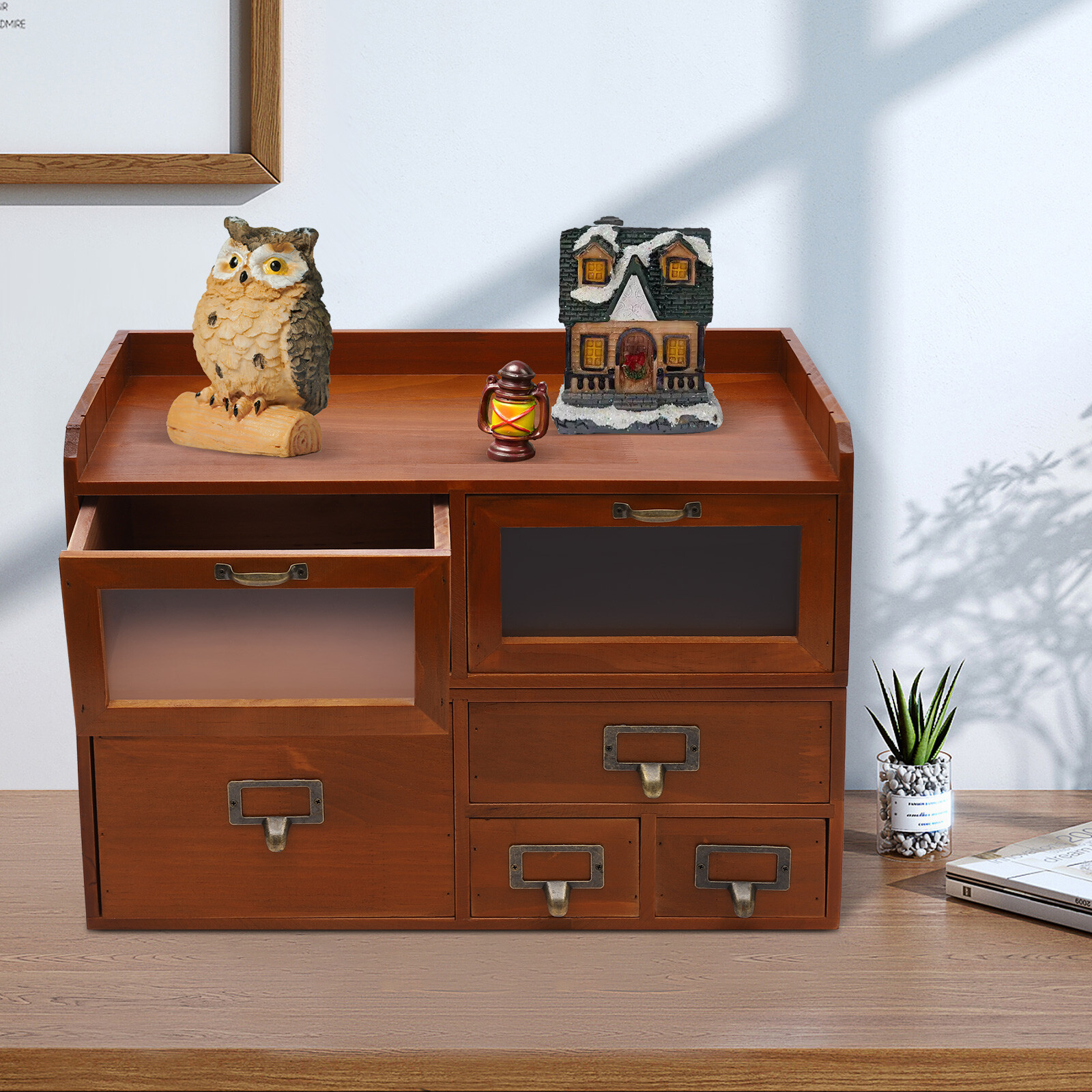 Retro Brown 6-Drawer Desktop Organizer Pine Wood Clear Acrylic Door