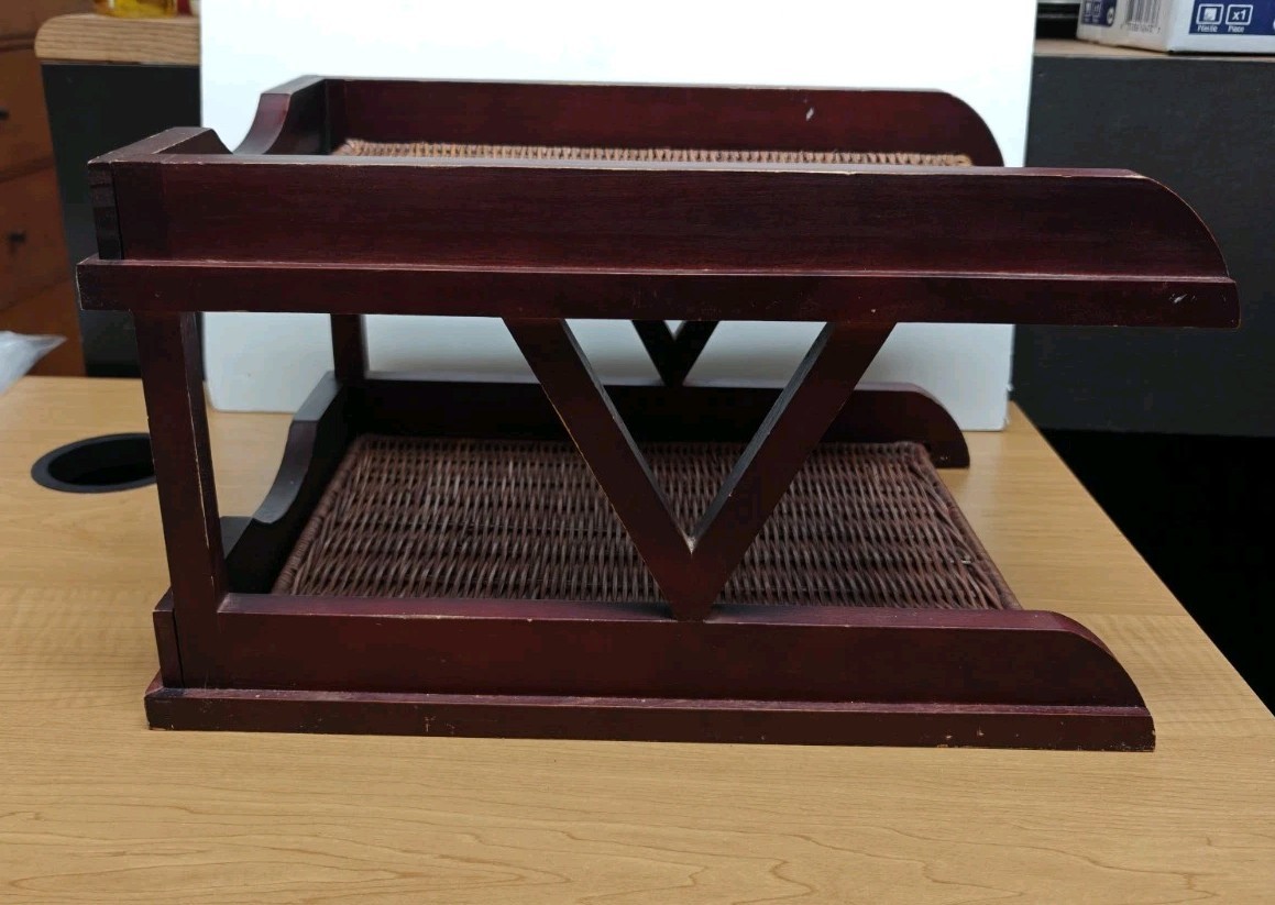 Vintage Wood Letter Tray Desk Organizer Woven Rattan 2 Tier Office Holder