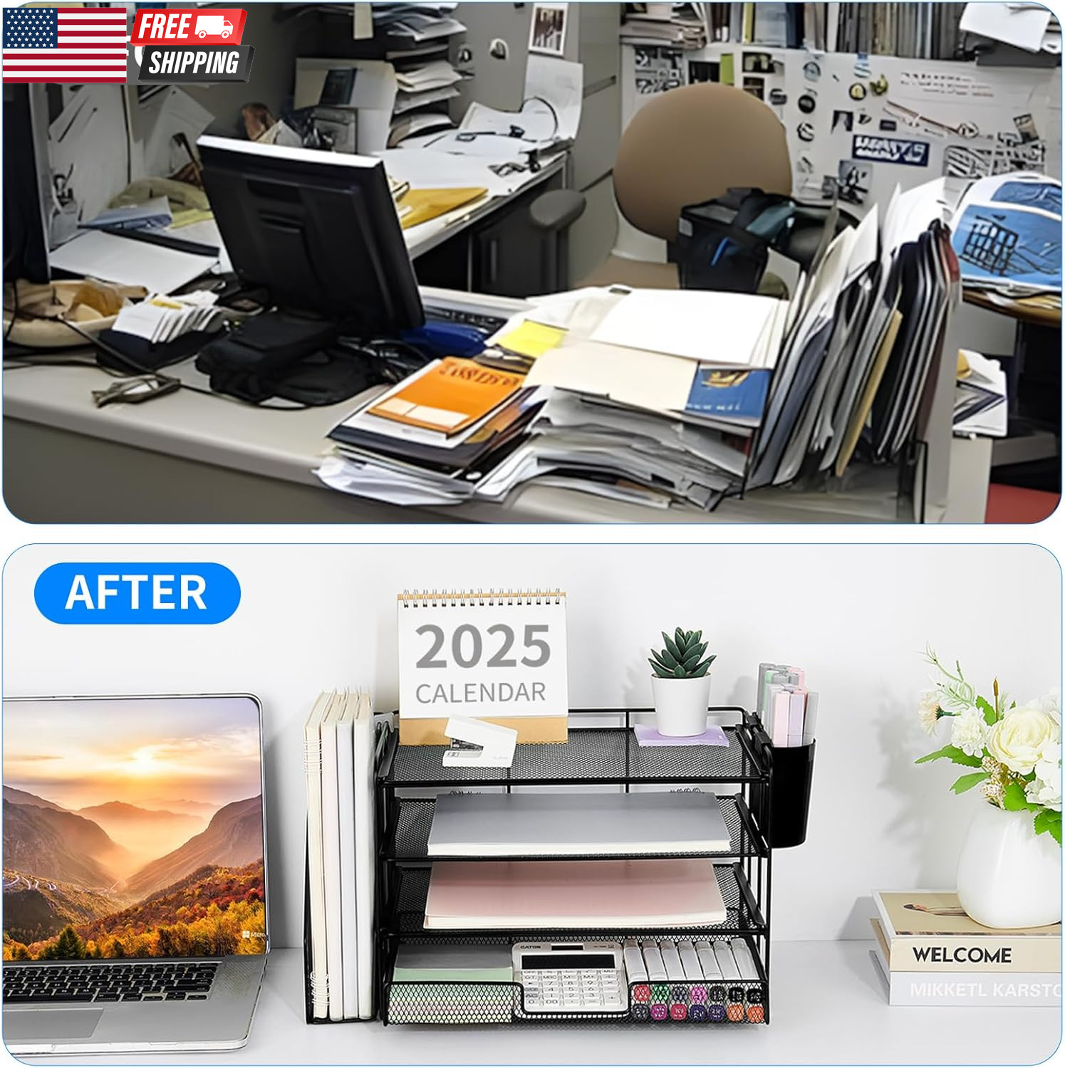Desk Organizer, 5-Tier Paper File Organizer with Drawer & Pen Holder, Office Des