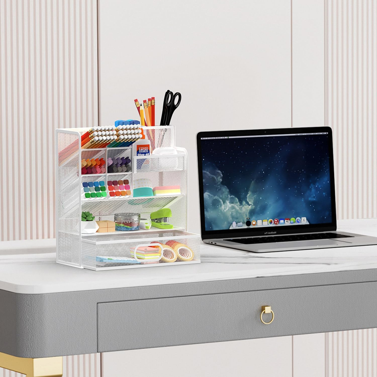 Mesh Pen Organizer for Desk, Multi-Functional Pencil Holder with Drawer Desk Org