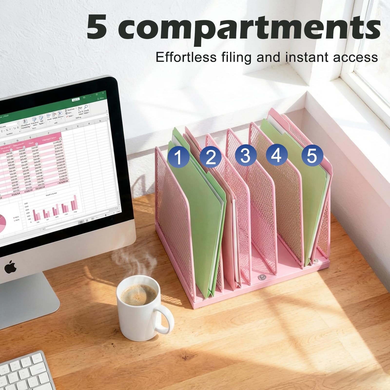 5Section Wooden Desktop File Organizer Vertical Storage Rack Sorter Pink