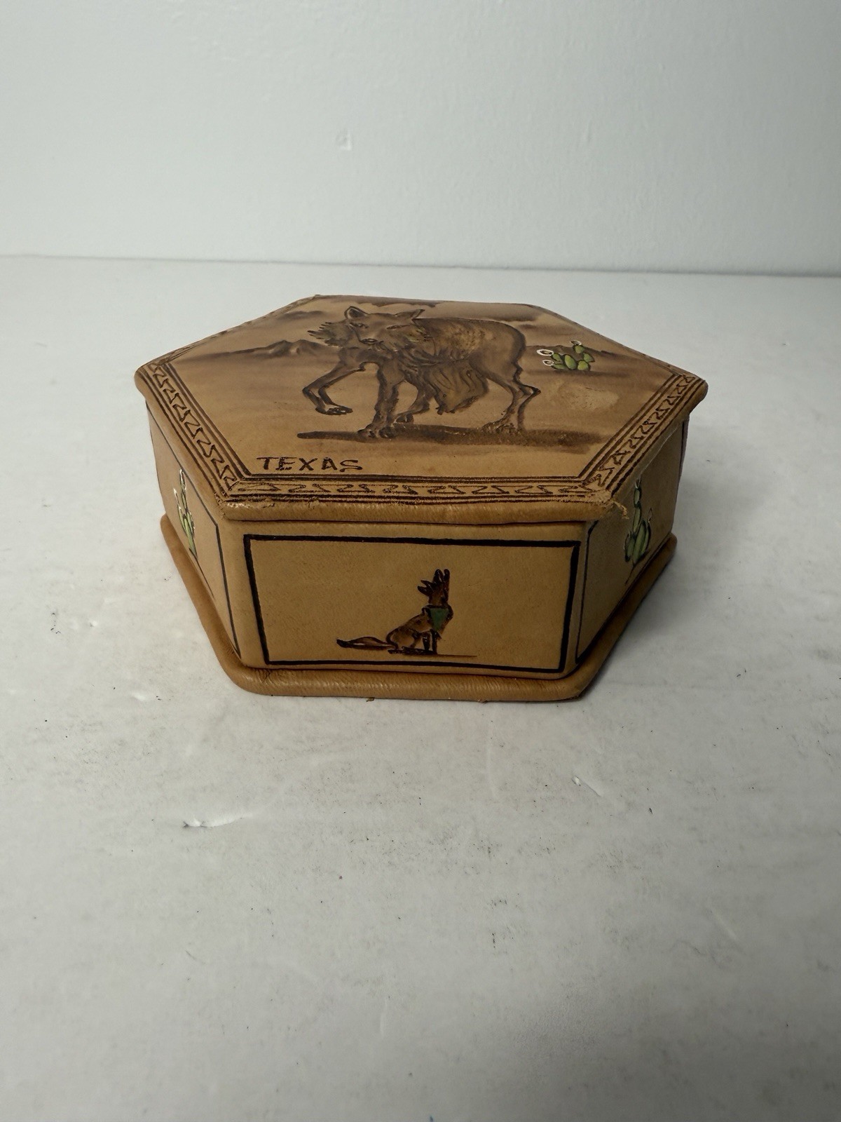 Vintage Faux Leather Hexagon Storage Jewelry Box Red Felt Texas Coyote Handmade