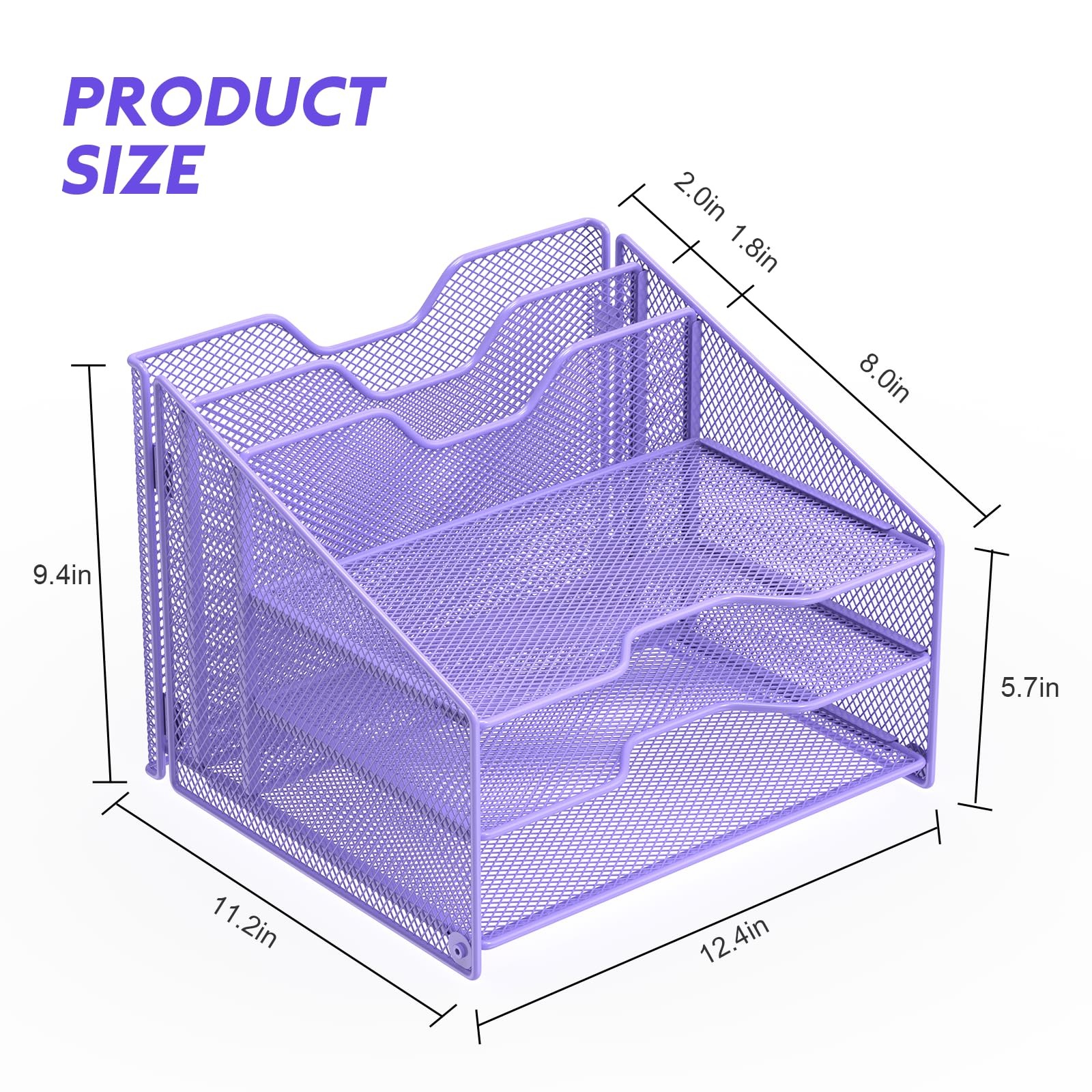 Purple Mesh Desk File Organizer with 3 Trays and 2 Upright Sections