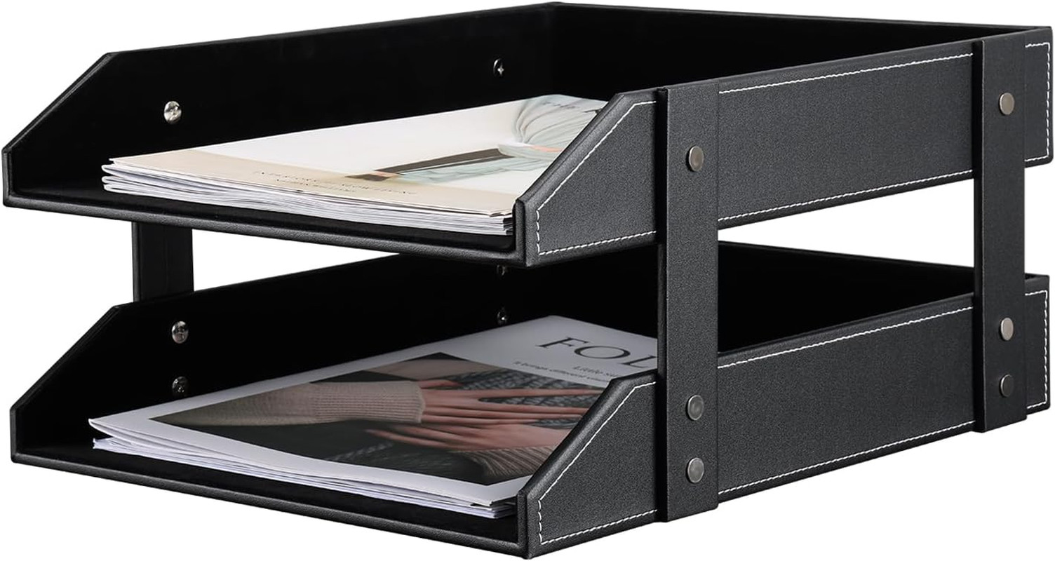 Letter Tray, Leather Paper Organizer Tray, Wooden Desk File Holder, Desktop File
