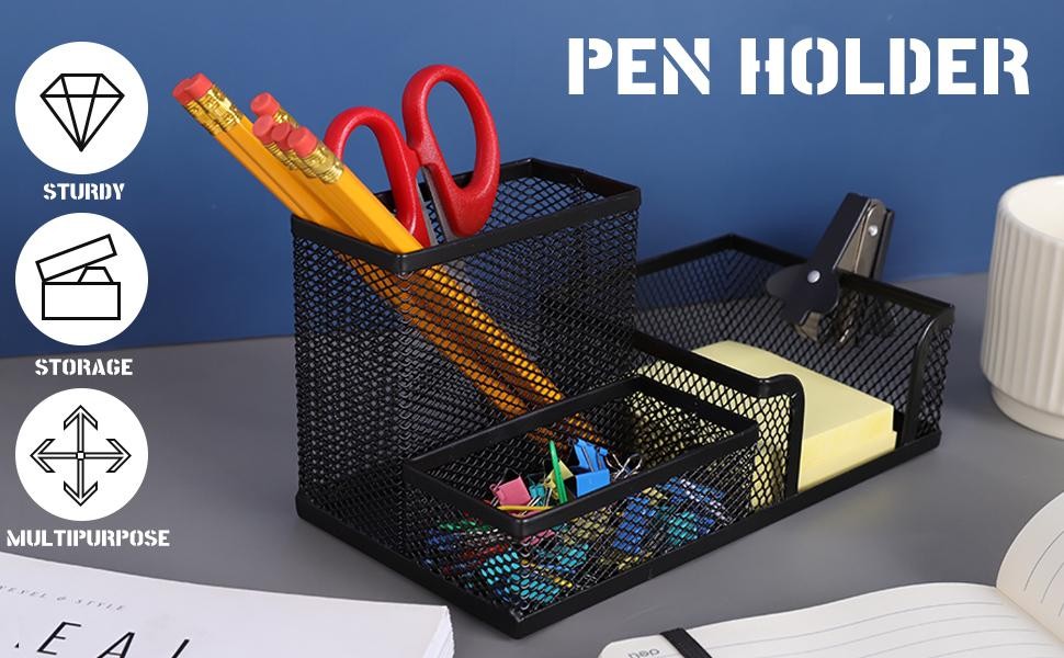 Black Mesh Desk Organizer 3 Compartments Pen Holder Storage for Office Supplies