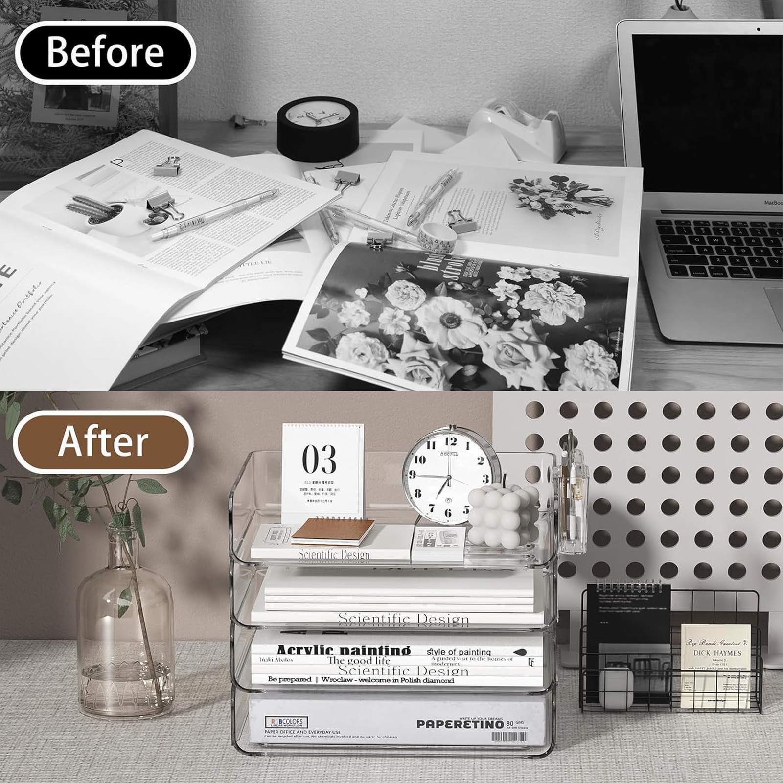 4-Tier Horizontal Acrylic Paper Tray Organizer with Pen Holder, Stackable Desk