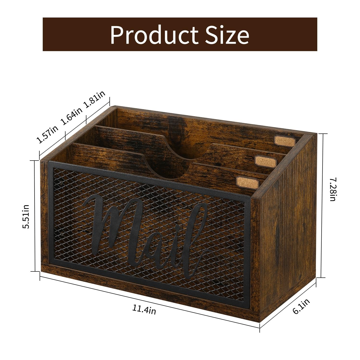 YINMIT Mail Organizer Countertop, Holder, 3-Slot, Rustic Brown