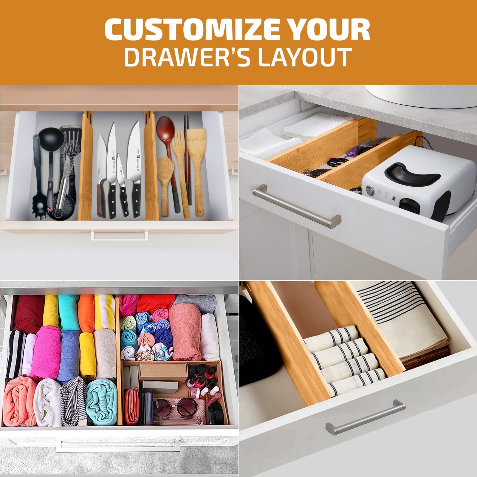 Bambüsi 6-Pack Drawer Dividers – 4 Inches High Adjustable 11 To 17 Inches