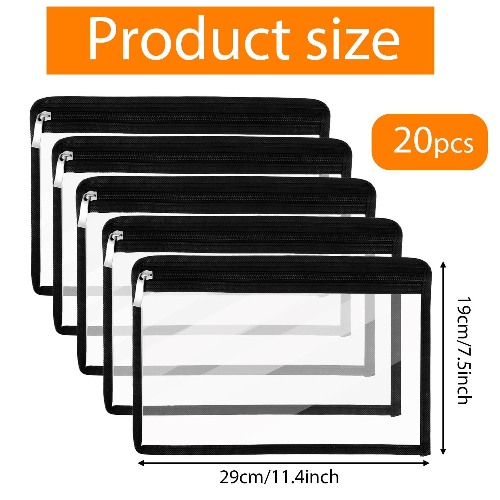 20 Pcs Black Edge 11.4×7.5 In Large Clear PVC Zipper Pencil Document Pouches Set