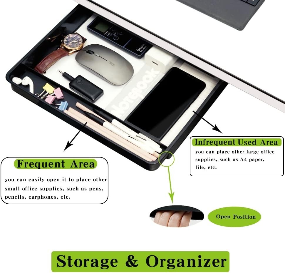 Black Under Desk Organizer – Large & Small Drawers, Adhesive/Screw Installation