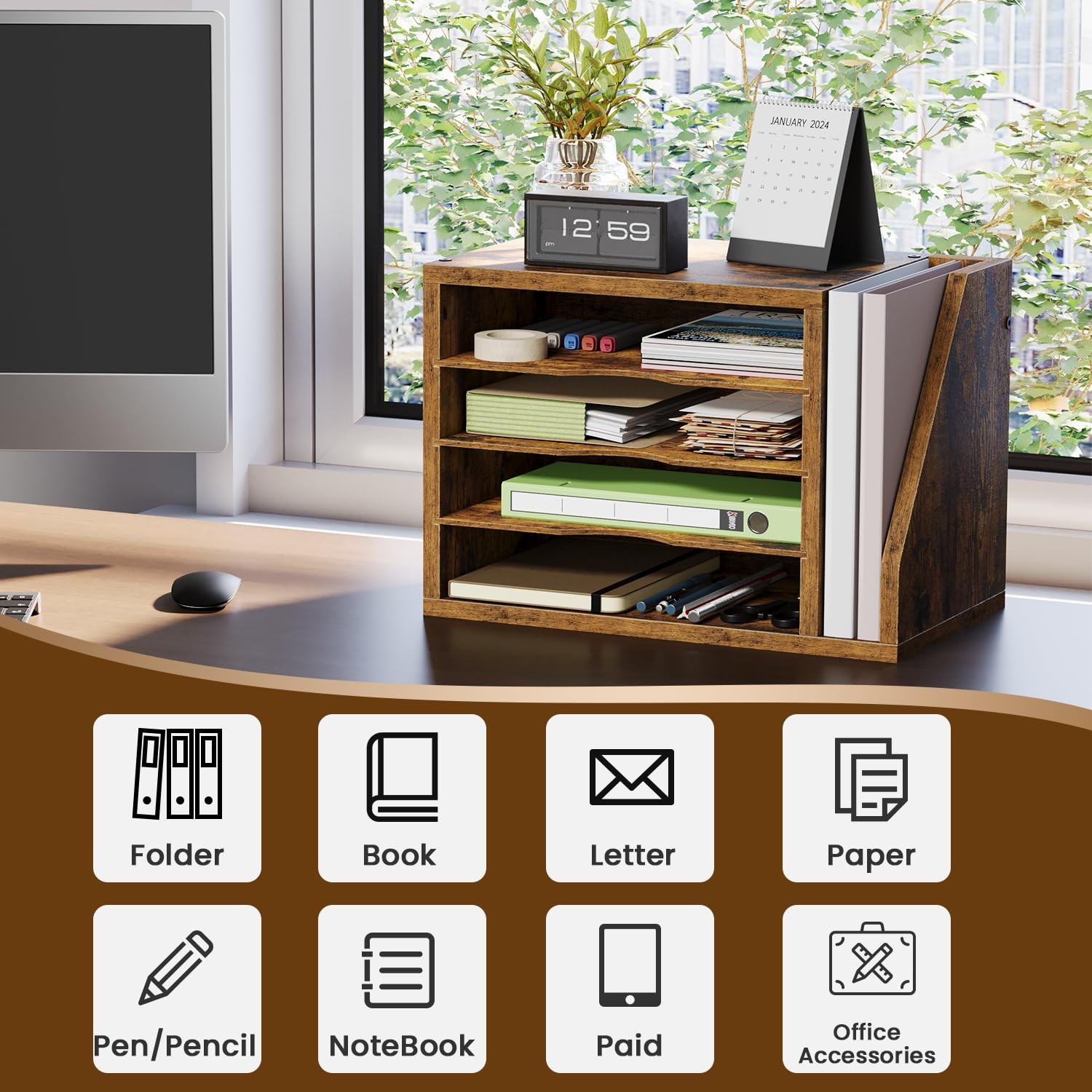 File Organizer Desktop, Wood Desk Organizer with 3 Adjustable Shelves, Mail P