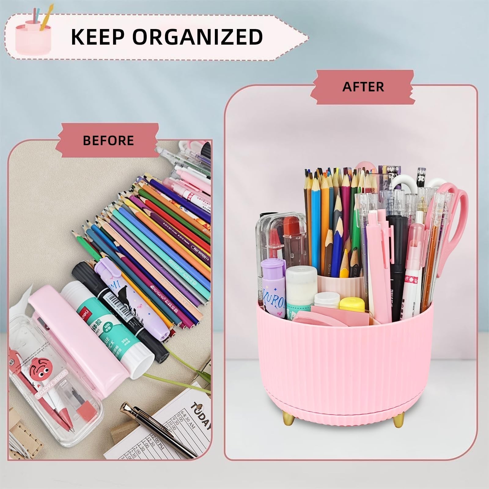 15 PCS Pink Desk Accessories 360 Pen Holder Stapler Tape Dispenser Clips Kit