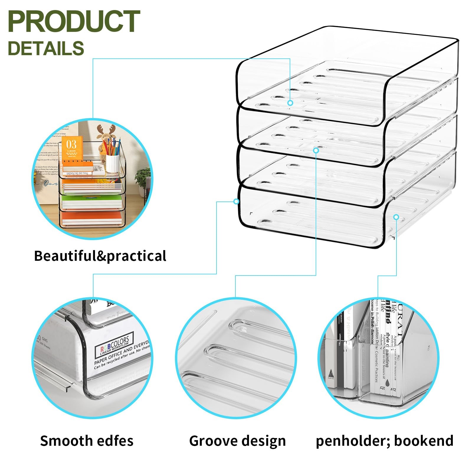 4-Tier Acrylic Paper Tray Organizer, Clear Stackable Desk File Organizer for …