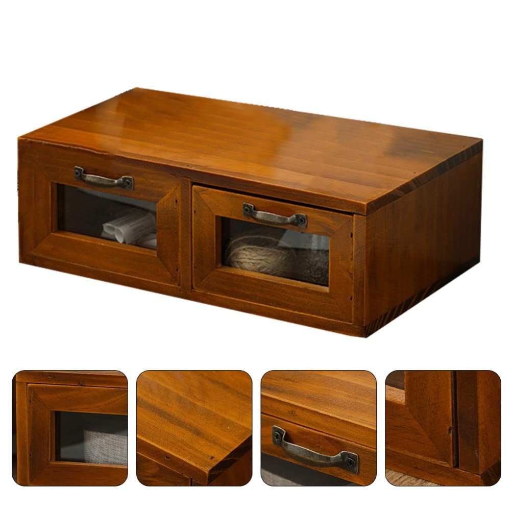 LIFKOME Wood Desk Organizer, 2 Drawers Bamboo Storage Box, Coffee Brown