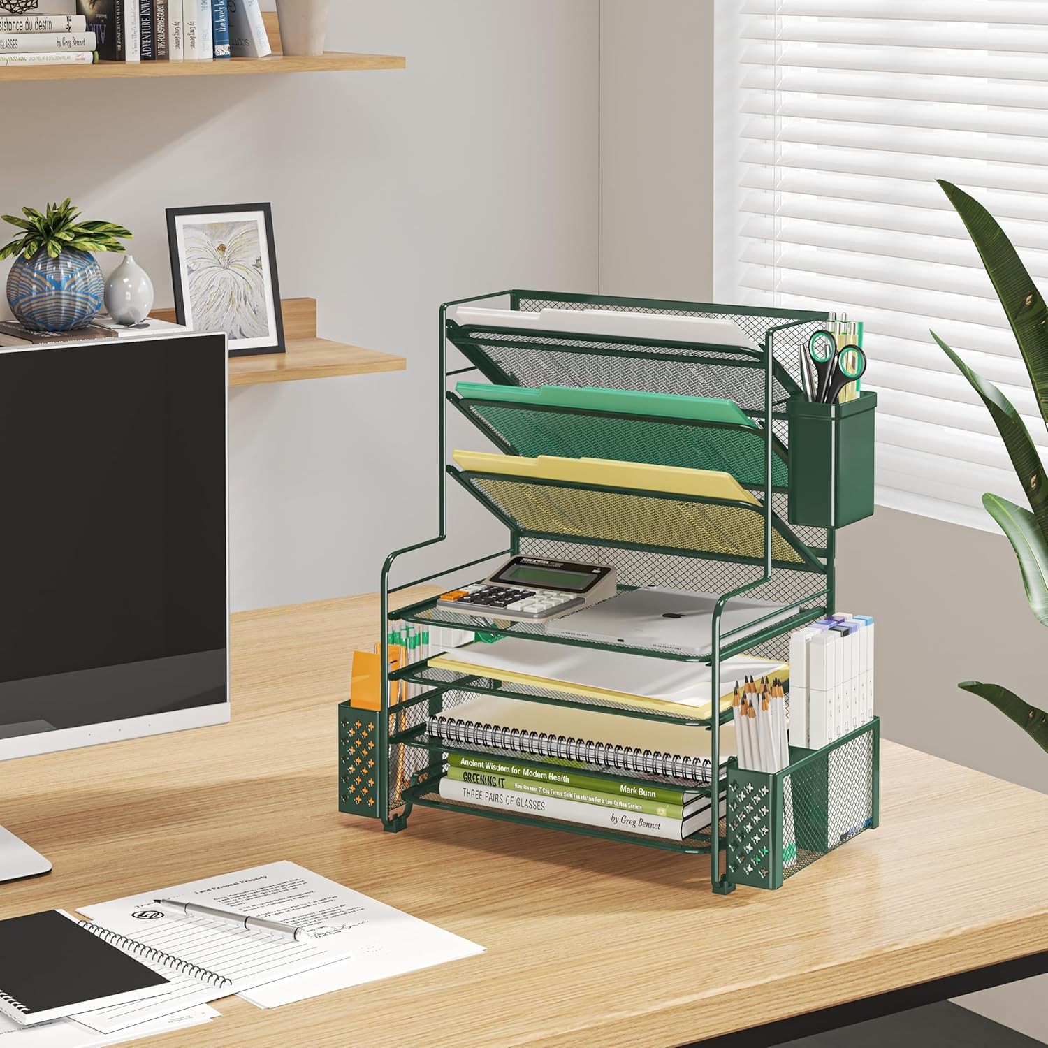 Multifunctional Desk Organizer with 7 Tiers for Papers and Office Supplies Green