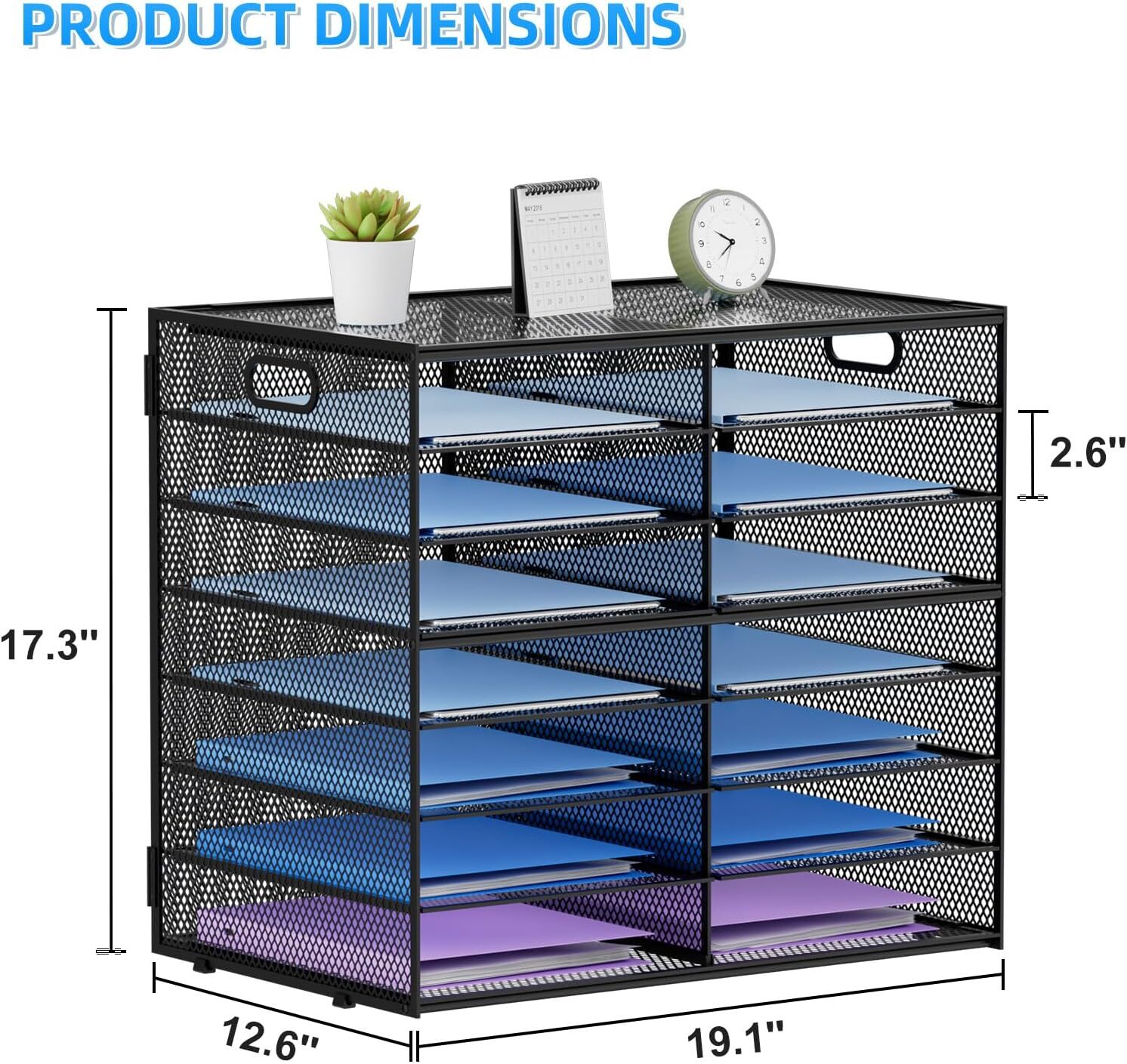 14 Compartment Desktop Paper Organiser, Mesh File Organiser, Black