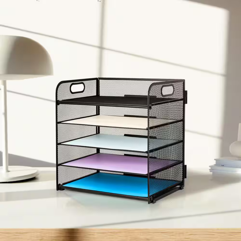 Black 12 In. X 11.22 In. Mesh Steel Wire Paper Tray Organizer with Handle for Of