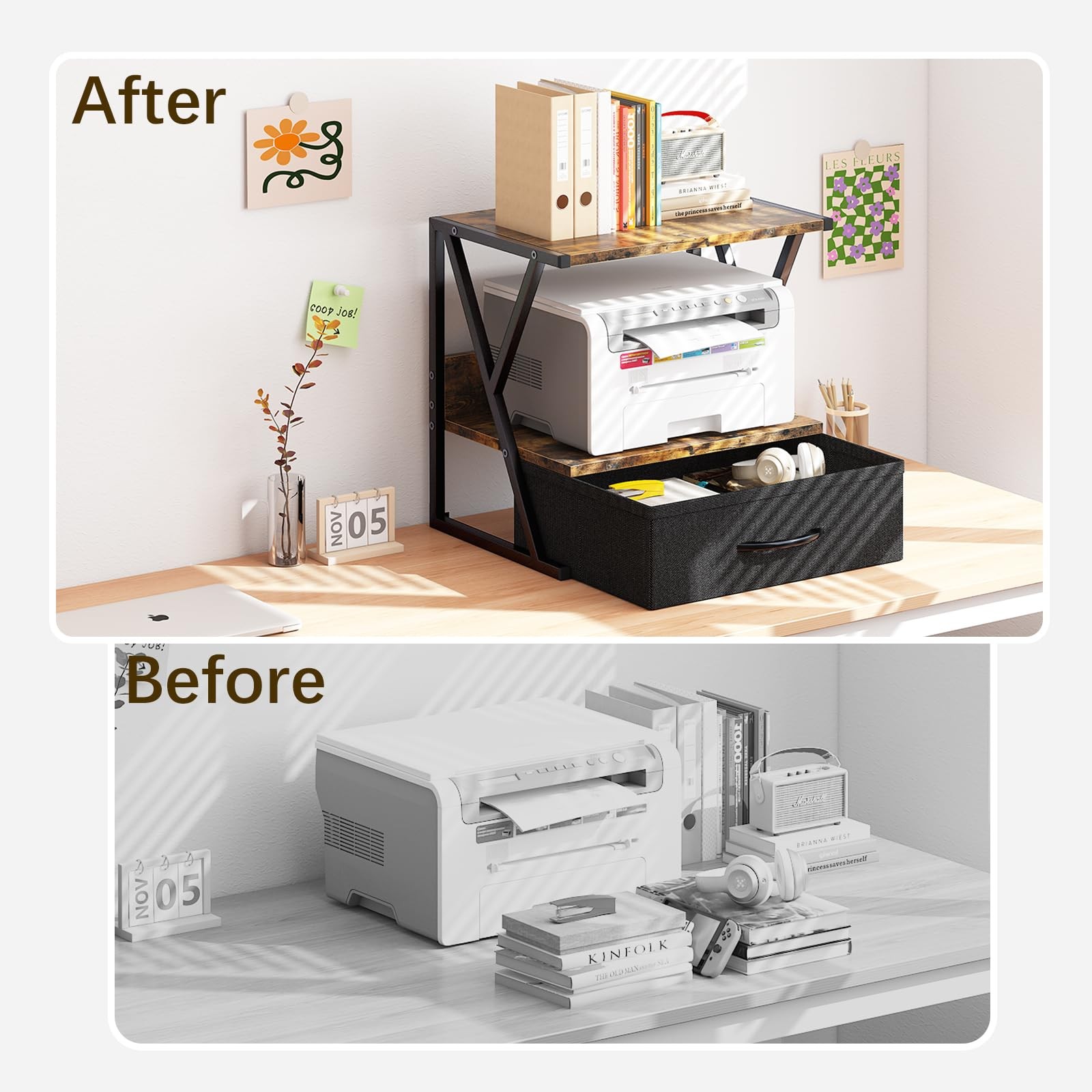 aboxoo Printer Stand for Desk with Storage Drawer, 2 Tier Brown