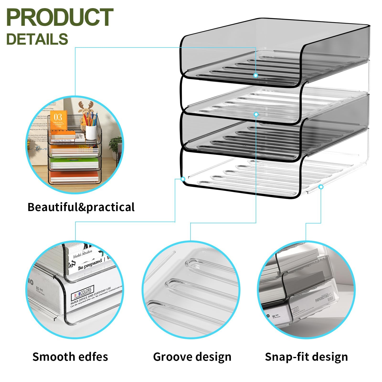FANXIYQ 4-Tier Acrylic Paper Tray Organizer, Clear & Brown Stackable Desk Org…