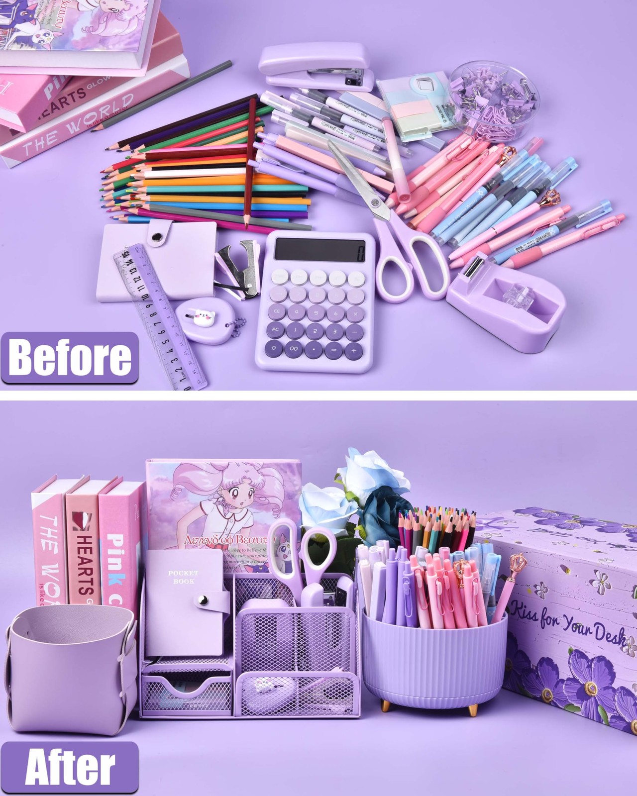 LXEVIHK 21Pcs Purple Desk Organizers and Accessories With Mesh Desk Organizer…