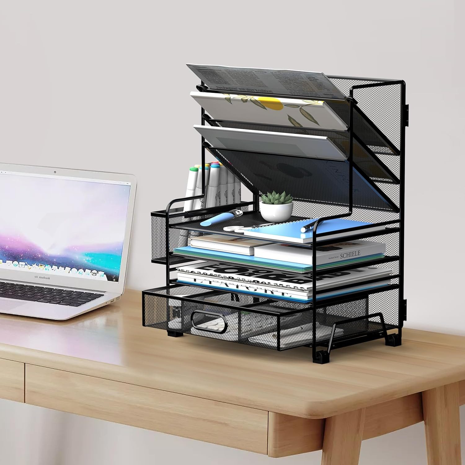 MINDEPOT 4-Tier Paper Organizer + 3-Pocket File Holder + Drawer + Pen Holders, D