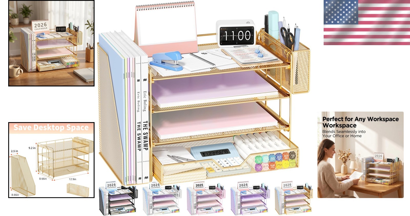 Stylish Gold Desk Organizer with Sliding Drawer & Pen Holder – Easy Assembly