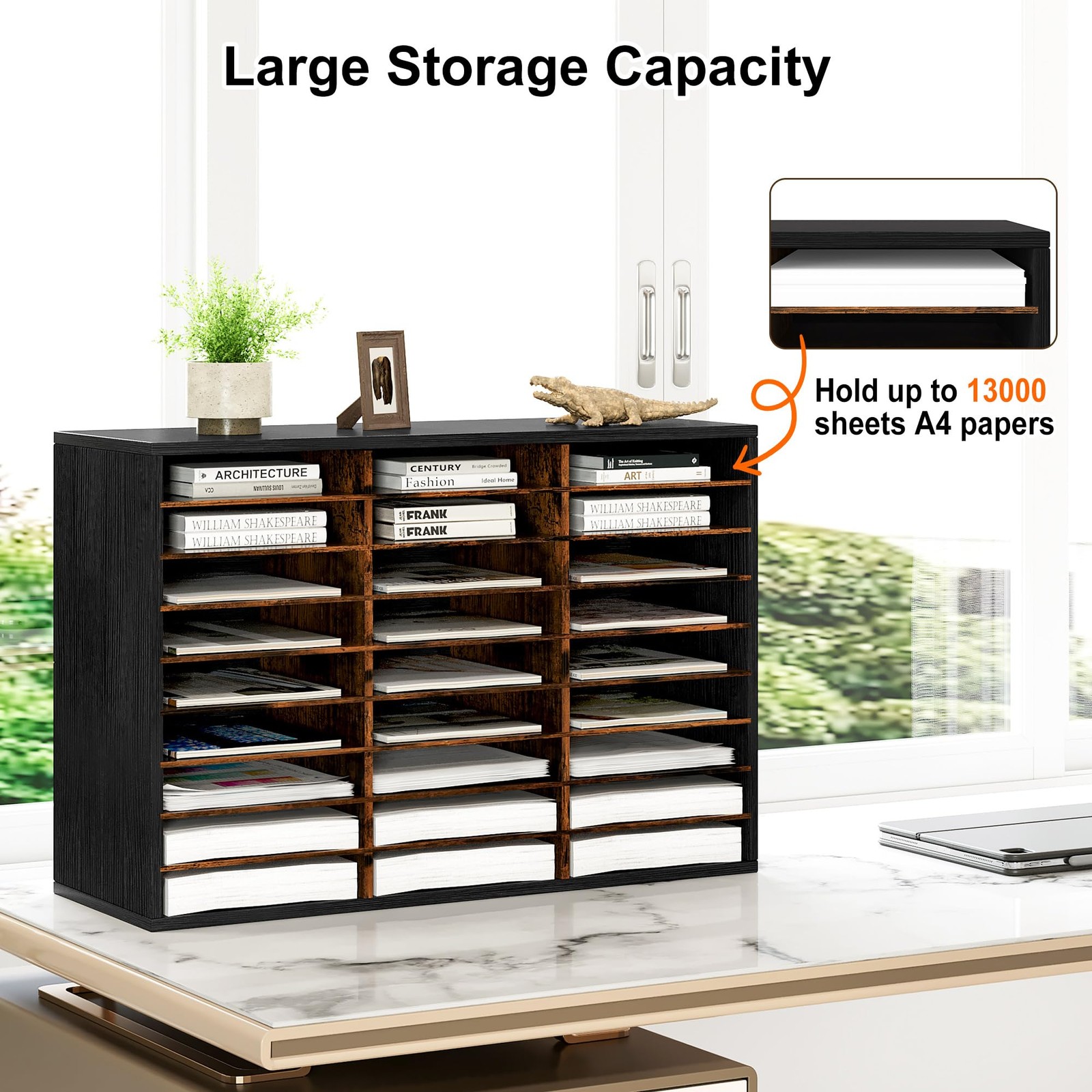 Wood Desk Paper Organizer, Hold 13500 Sheets A4 Papers, 27 Slots Adjustable L…